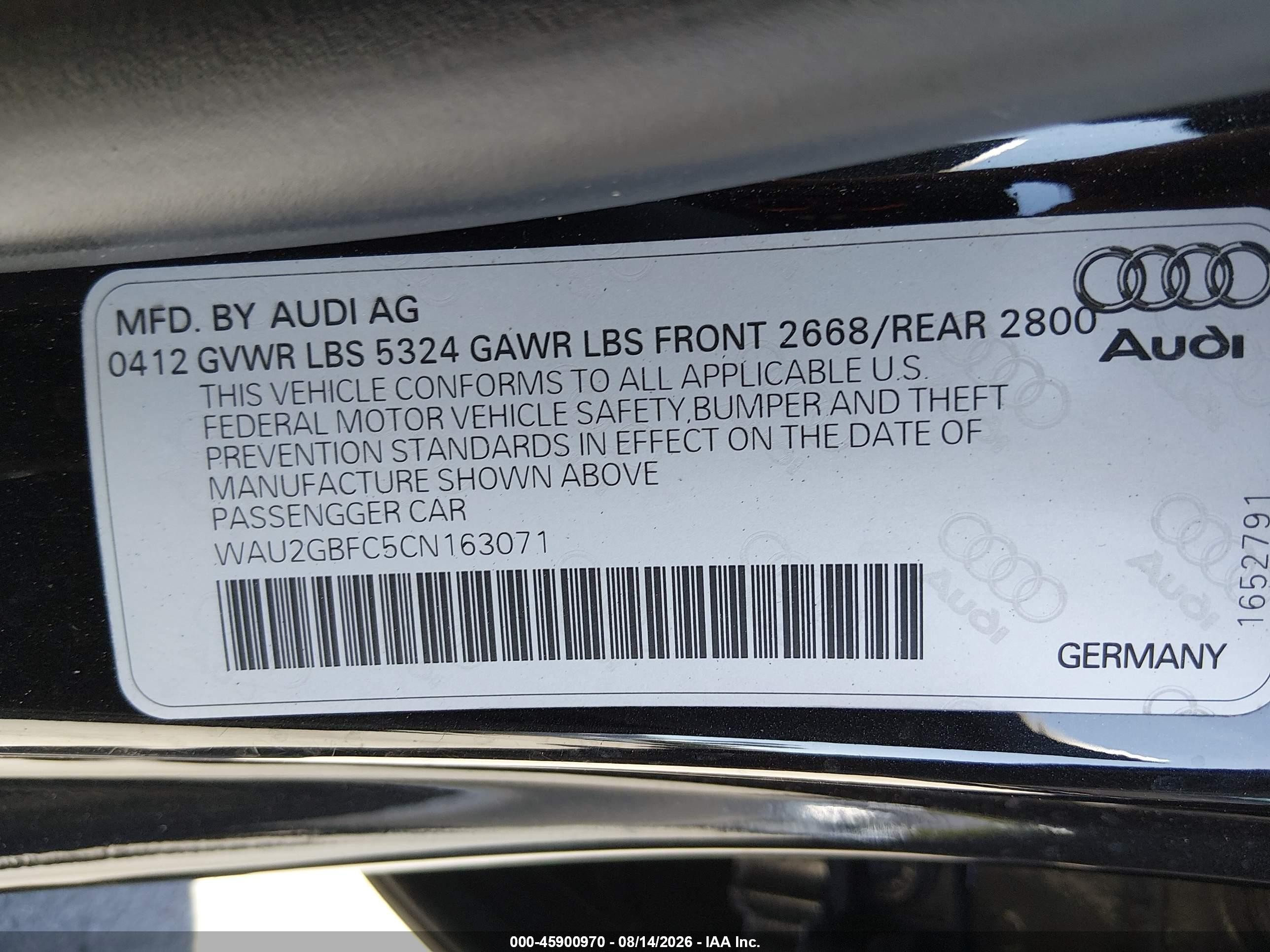 2012 Audi A7 VIN WAU2GBFC5CN163071 IAAI salvage auction — Normal Wear, Clear - Dealer Only (California), sold $2,525 on 2026-09-11 (photo 9)