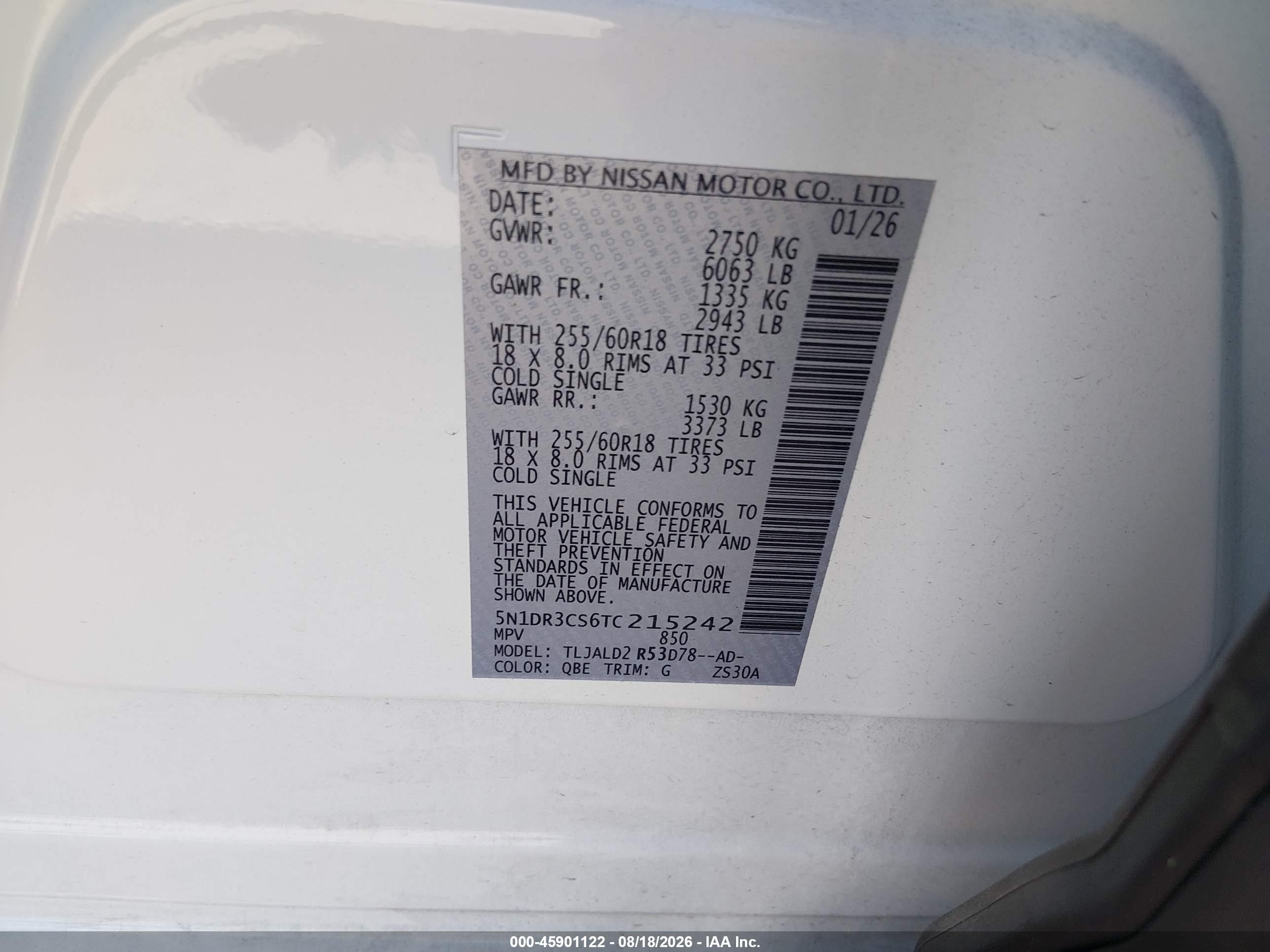 2026 Nissan Pathfinder VIN 5N1DR3CS6TC215242 IAAI salvage auction — Side, Enterprise Vehicles Clear Only (Louisiana), sold $16,850 on 2026-08-20 (photo 9)