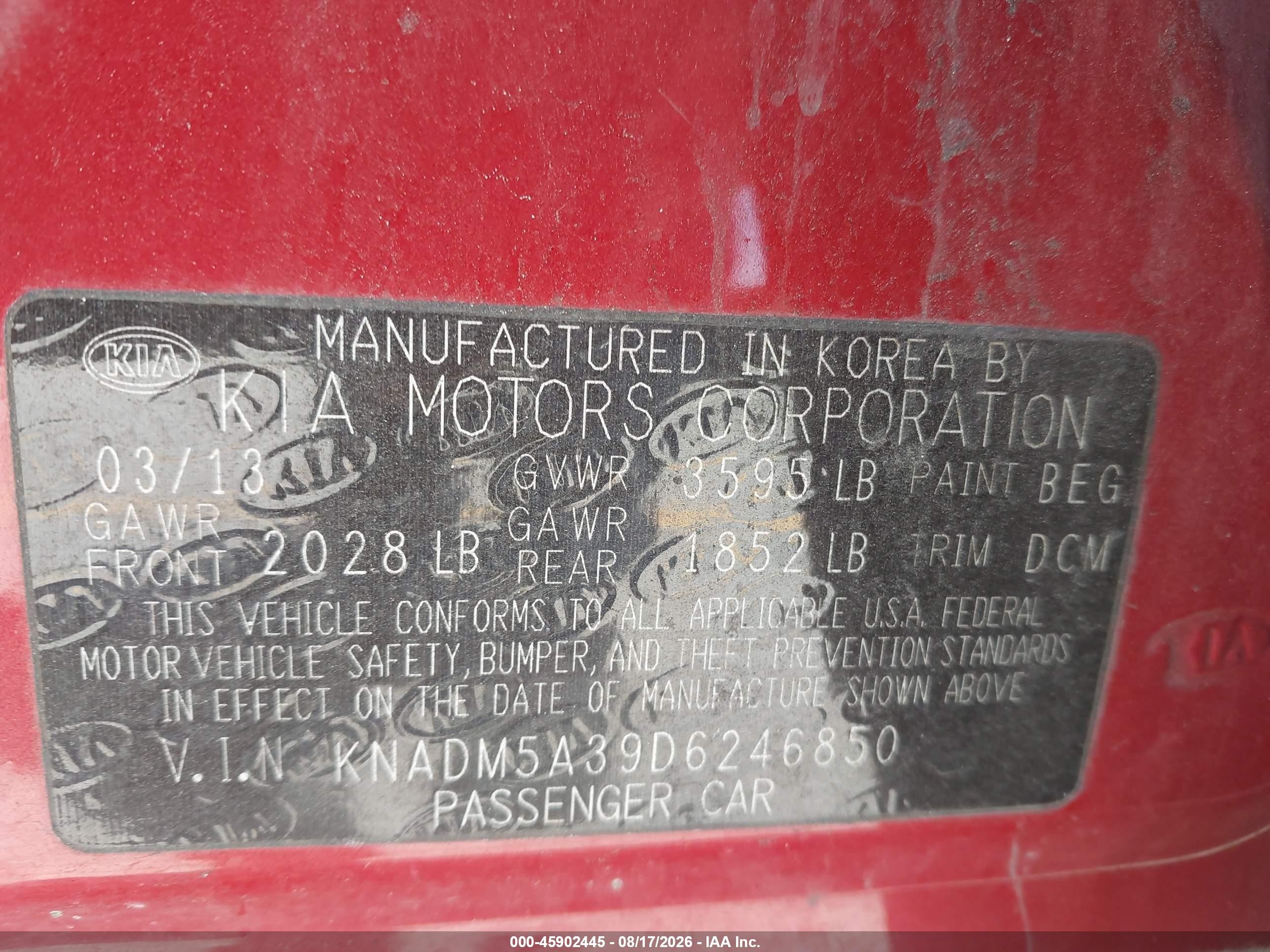 2013 Kia Rio VIN KNADM5A39D6246850 IAAI salvage auction — Normal Wear, Clear (Florida), sold $200 on 2026-09-08 (photo 9)