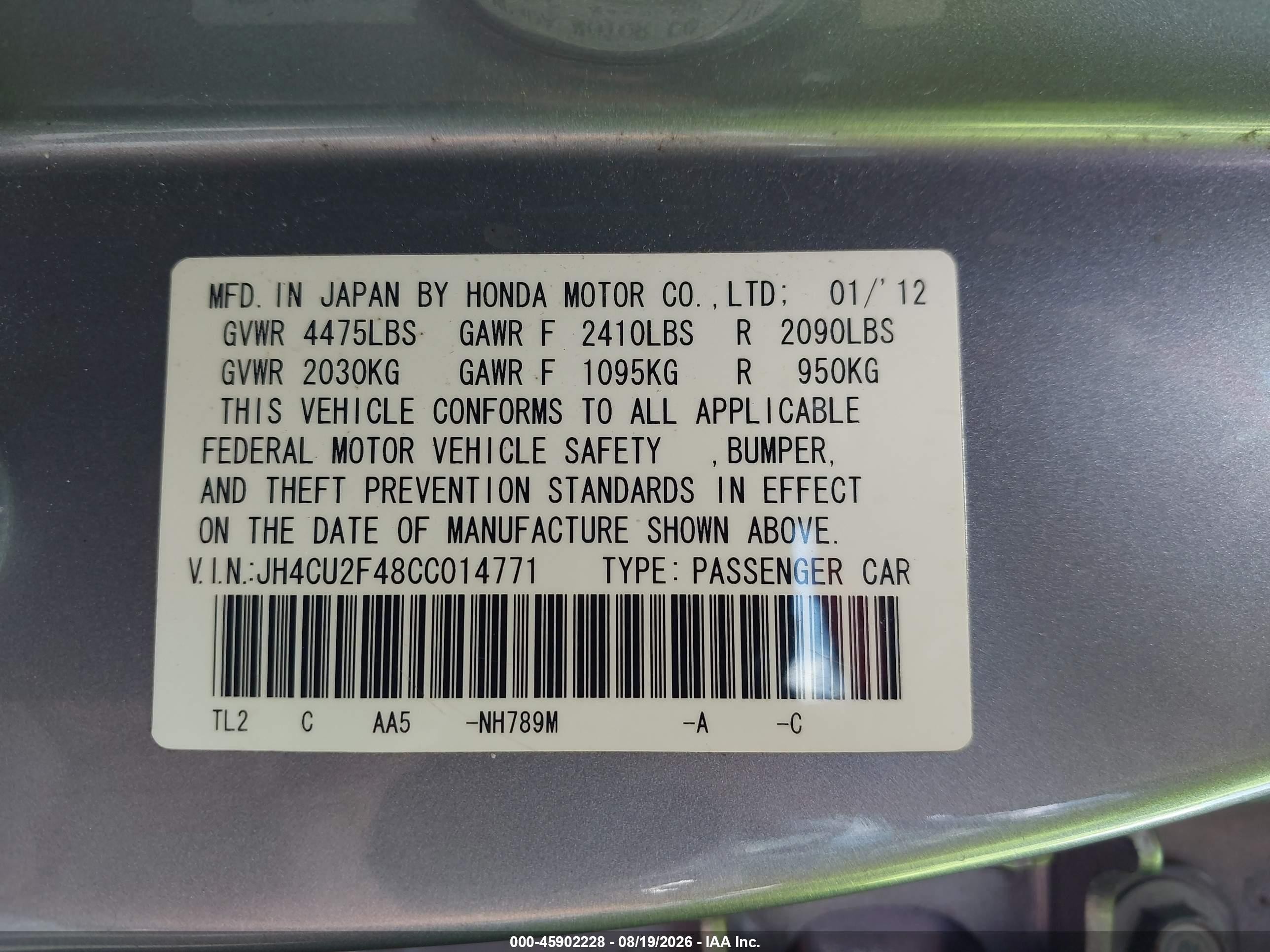 2012 Acura Tsx VIN JH4CU2F48CC014771 IAAI salvage auction — Normal Wear, Clear (Virginia), sold $1,350 on 2026-09-10 (photo 9)