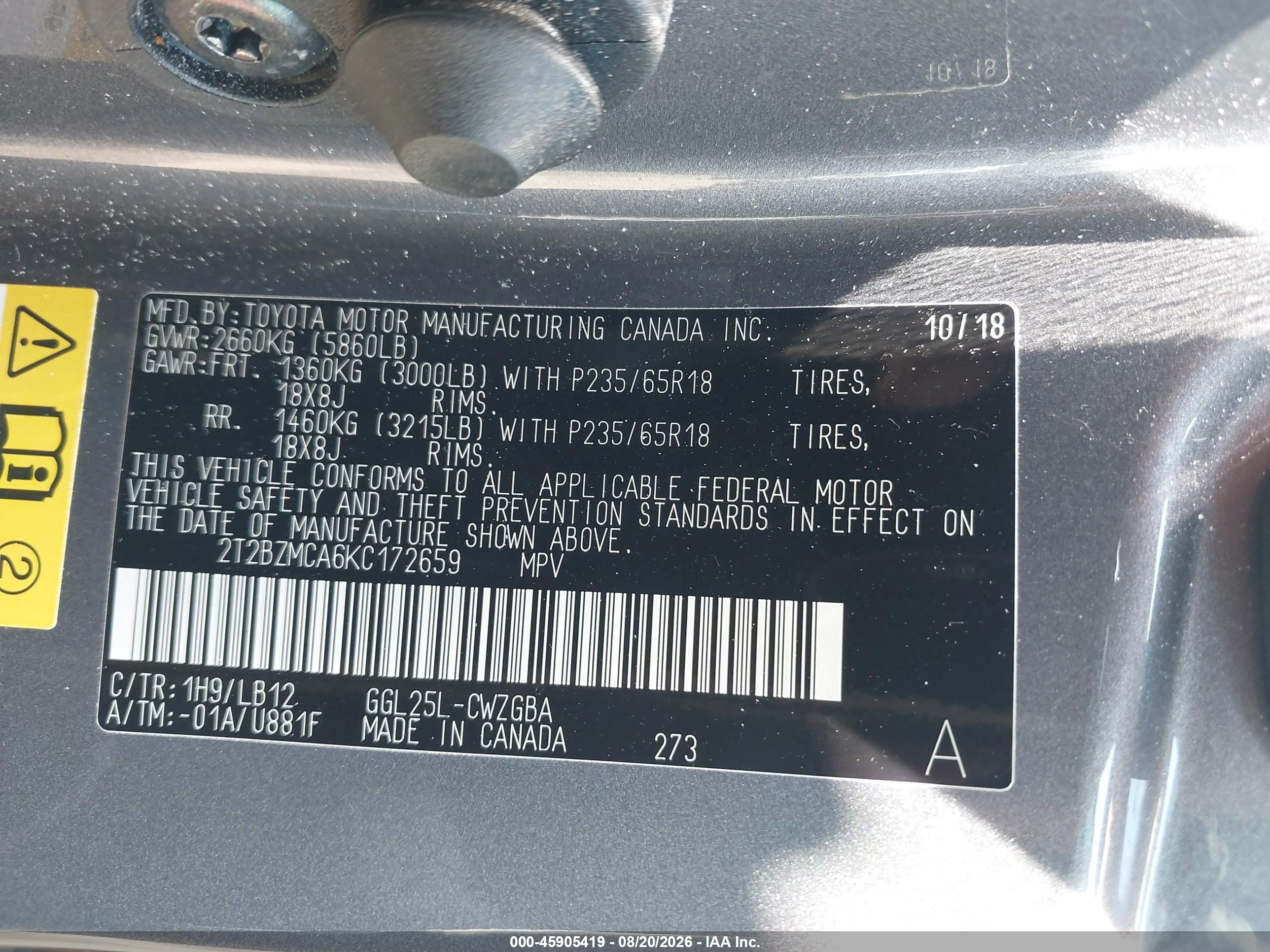 2019 Lexus Rx VIN 2T2BZMCA6KC172659 IAAI salvage auction — Front End, Clear (Indiana), sold $10,100 on 2026-10-09 (photo 9)