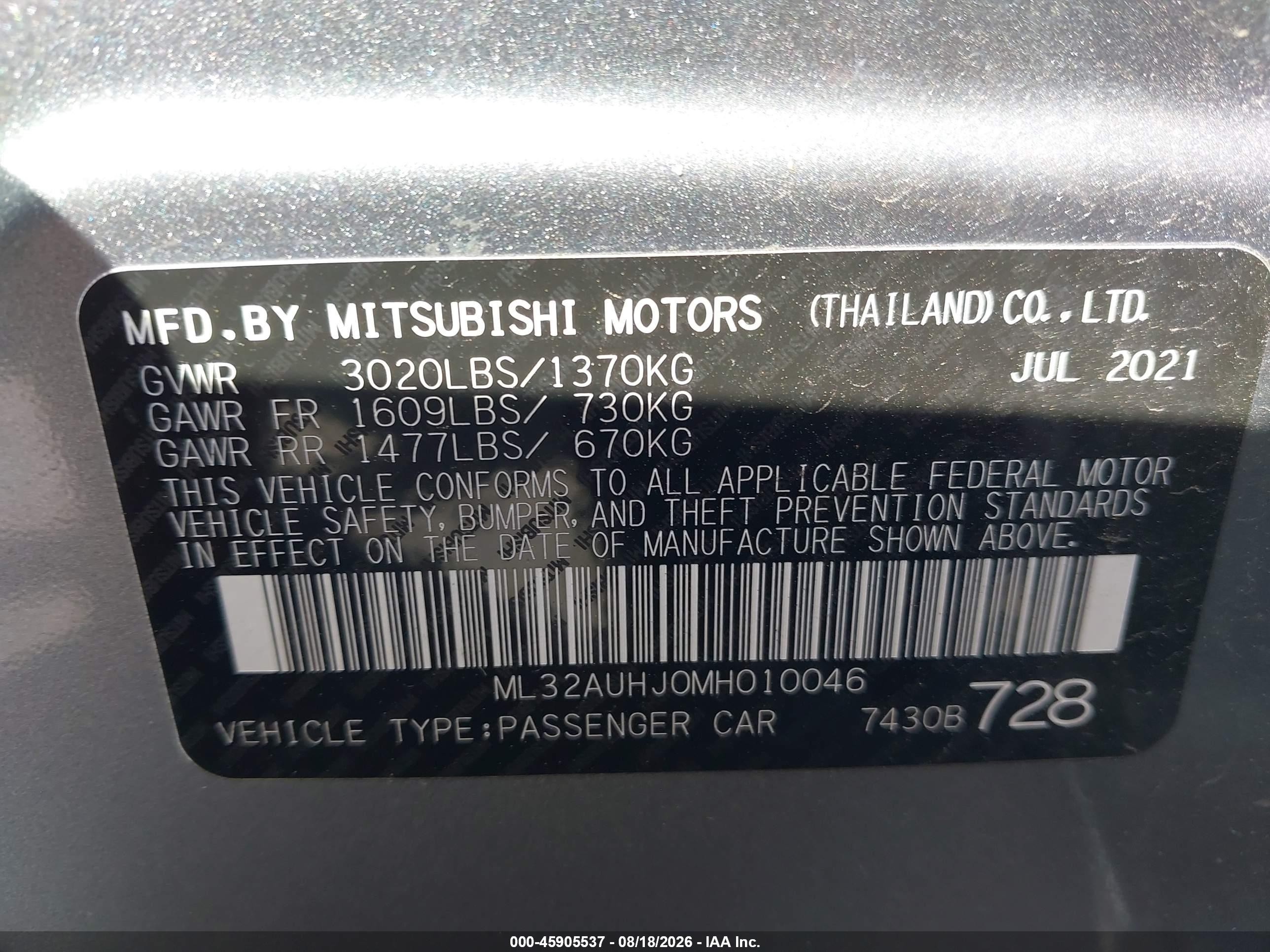 2021 Mitsubishi Mirage VIN ML32AUHJ0MH010046 IAAI salvage auction — Front End, Wait Title, sold $2,300 on 2026-09-21 (photo 9)