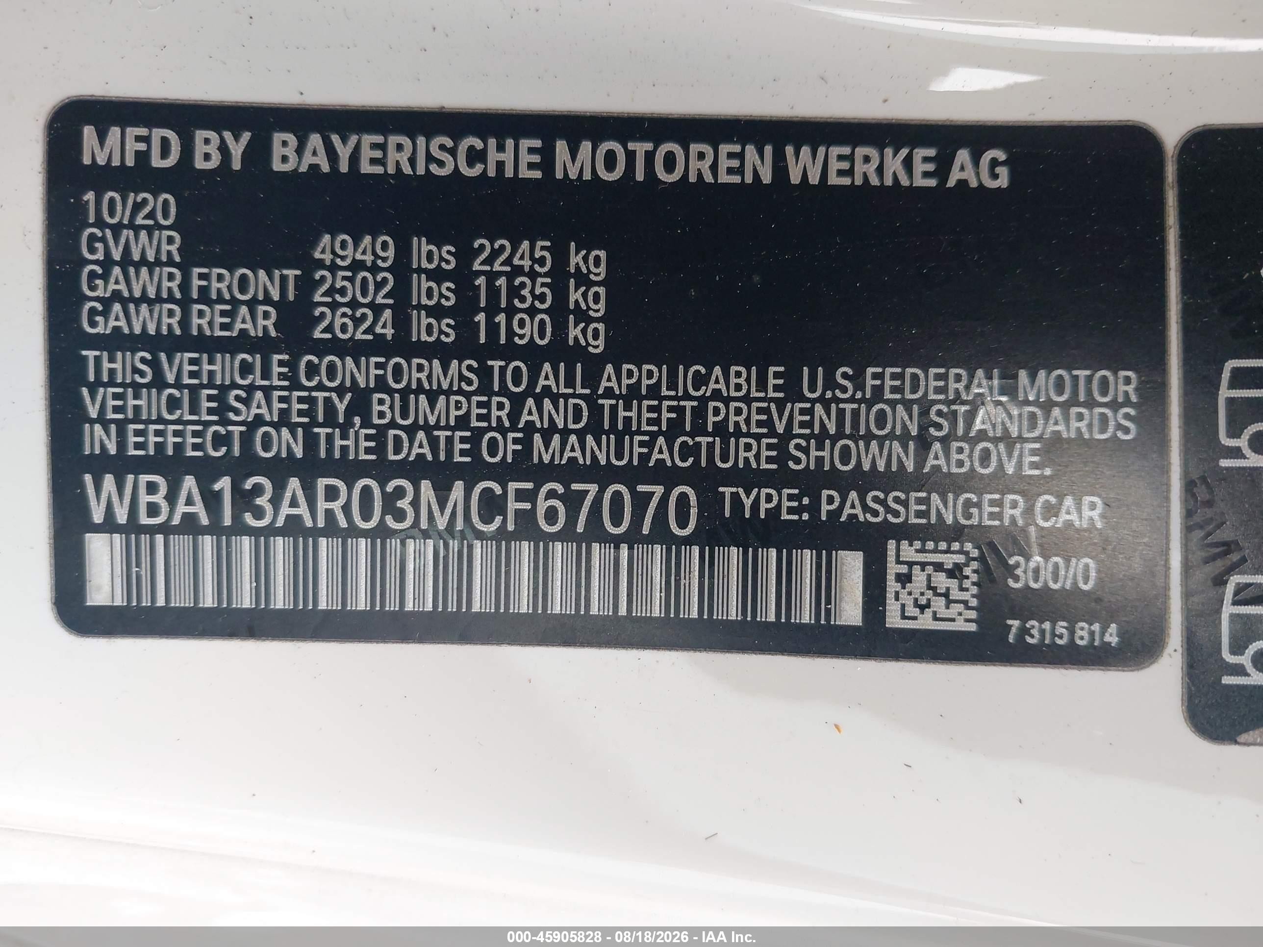 2021 BMW 4er VIN WBA13AR03MCF67070 IAAI salvage auction — Front End, Mv-907A (New York), sold $20,550 on 2026-09-02 (photo 9)