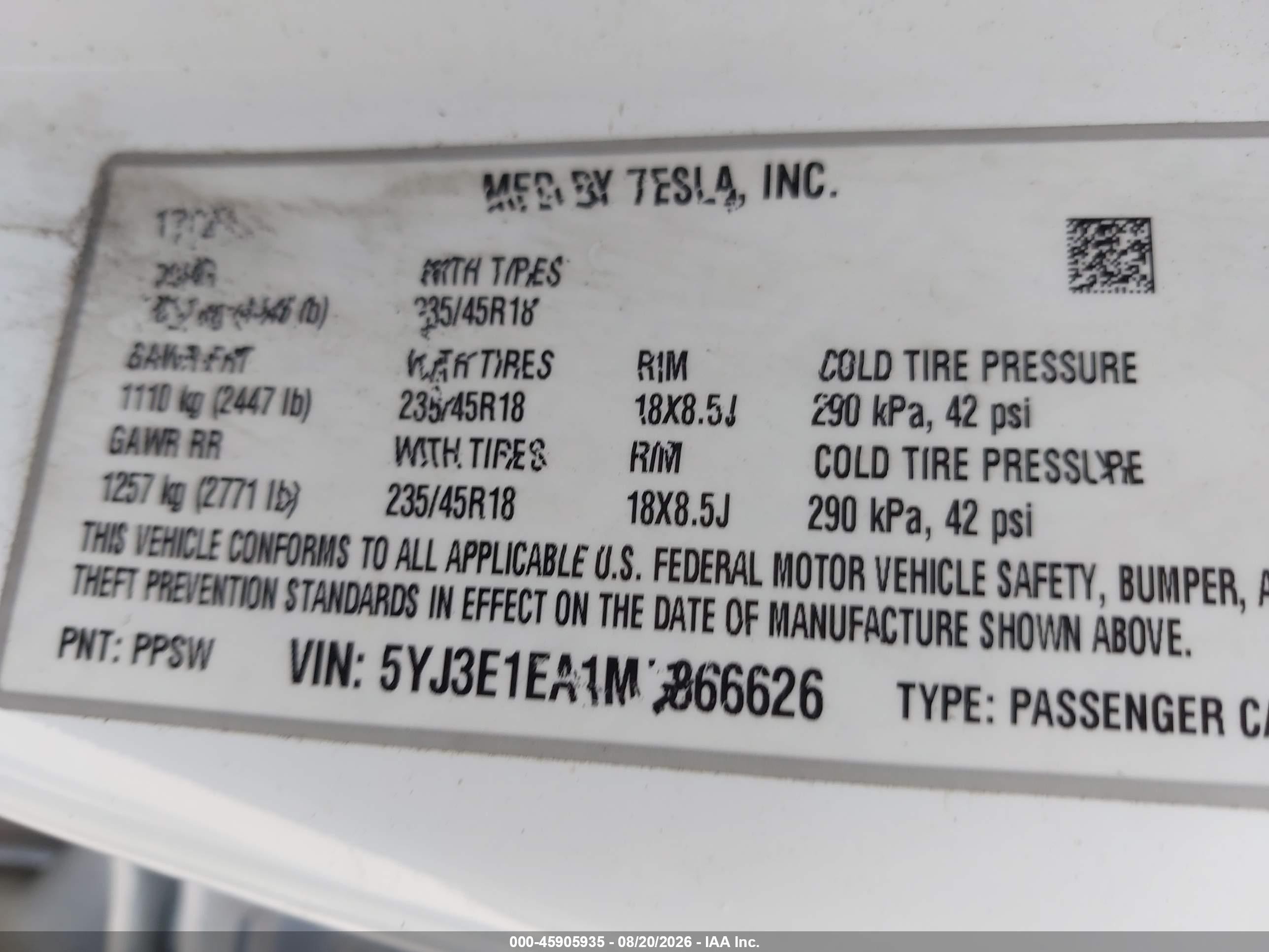 2021 Tesla Model 3 VIN 5YJ3E1EA1MF866626 IAAI salvage auction — Frame Damage, Original (Texas), sold $4,450 on 2026-09-25 (photo 9)