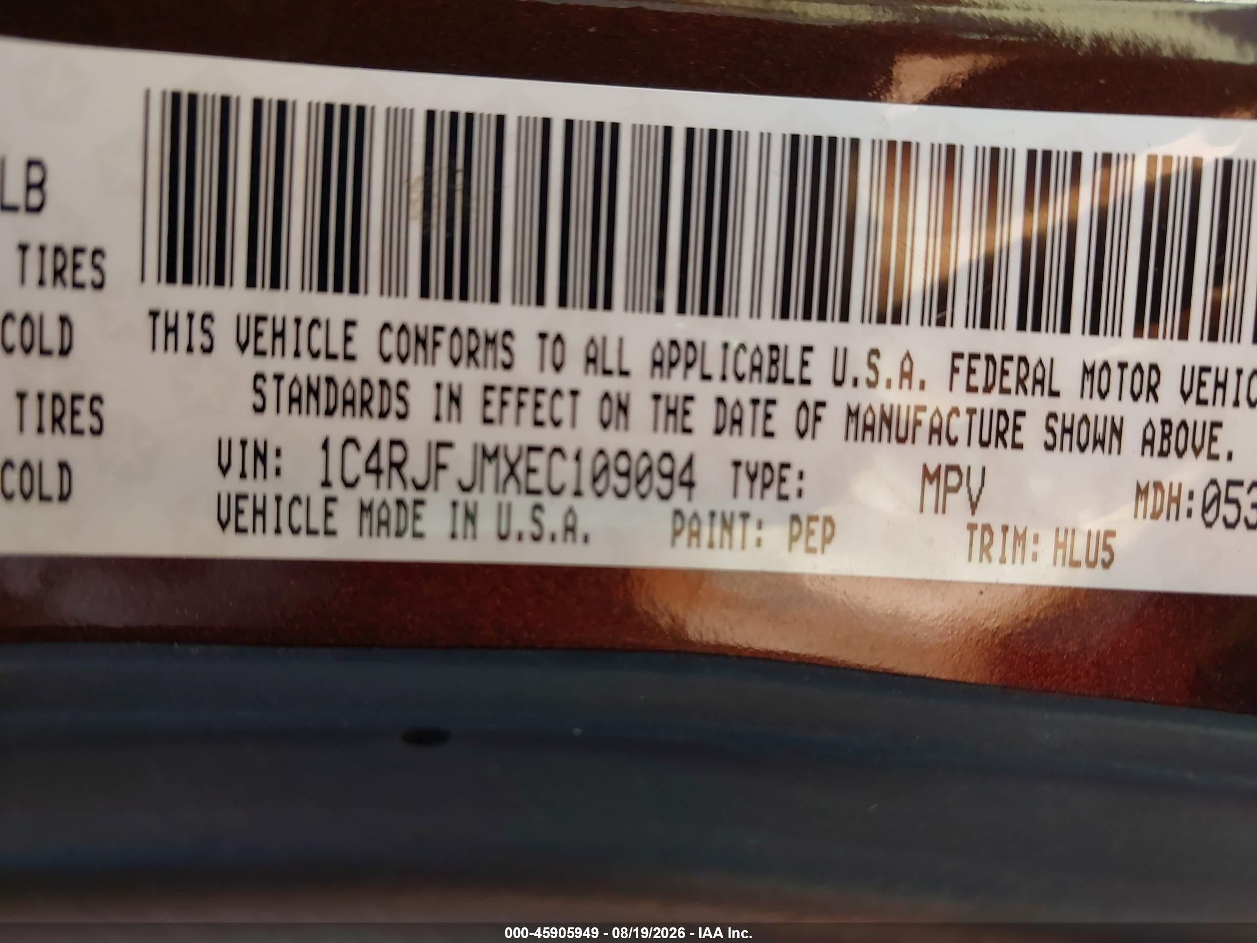 2014 Jeep Grand cherokee VIN 1C4RJFJMXEC109094 IAAI salvage auction — Normal Wear, Original (Texas), sold $2,875 on 2026-09-12 (photo 9)