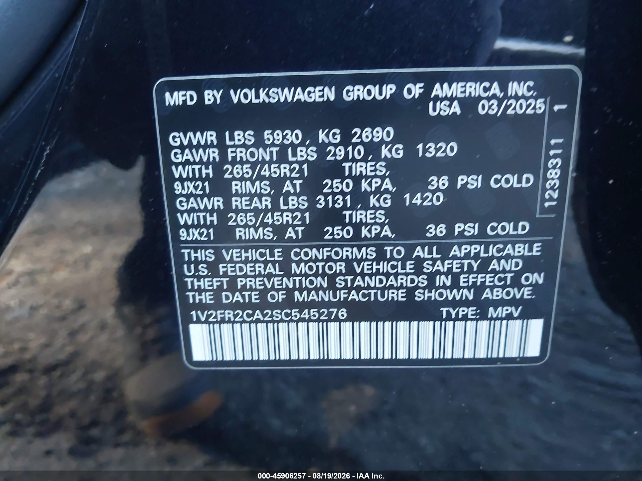 2025 Volkswagen Atlas VIN 1V2FR2CA2SC545276 IAAI salvage auction — Front End, Salvage (Georgia), sold $8,600 on 2026-09-25 (photo 9)