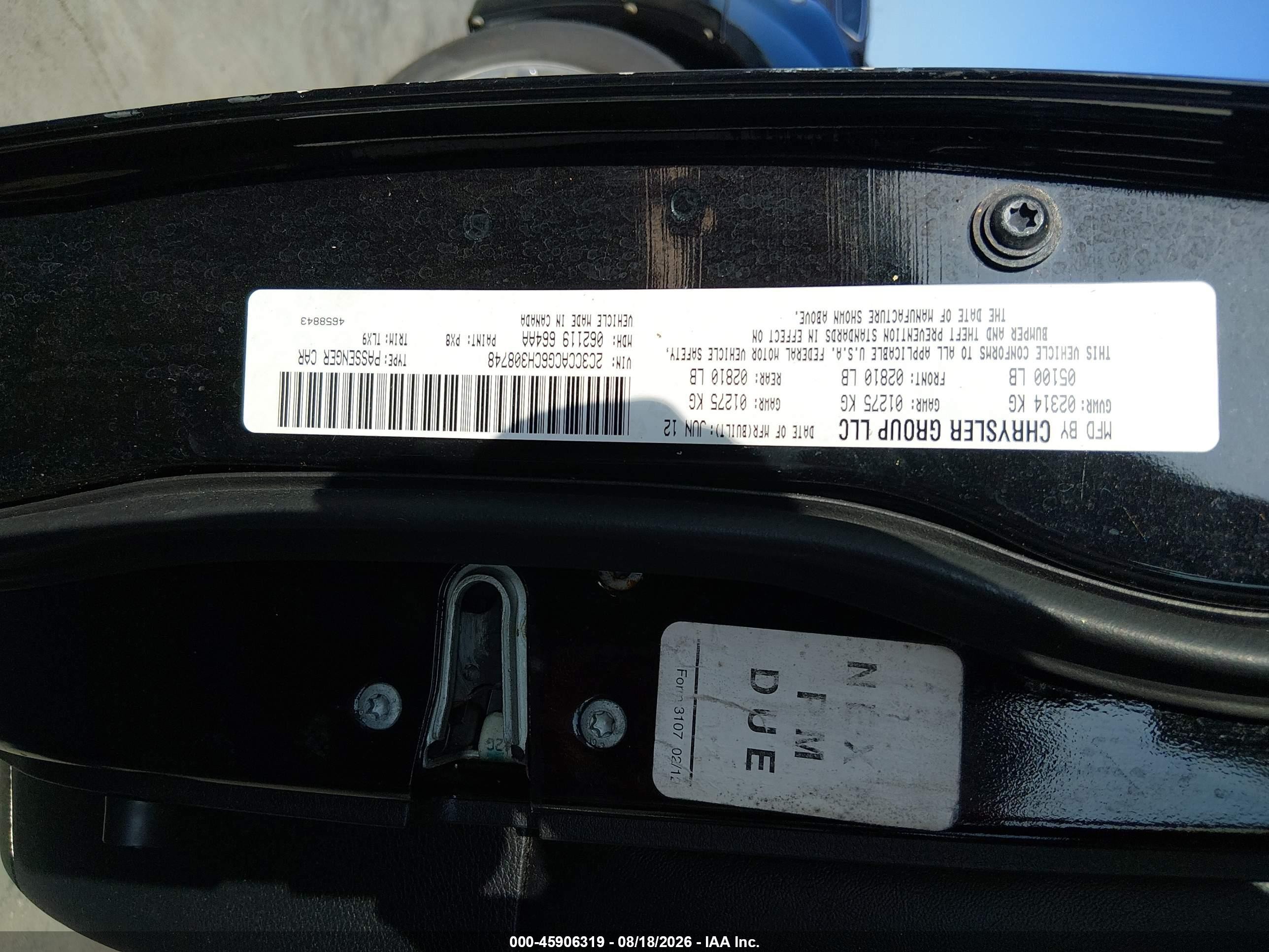 2012 Chrysler 300 VIN 2C3CCACG6CH308748 IAAI salvage auction — Normal Wear, Clear (Florida), sold $450 on 2026-09-02 (photo 9)