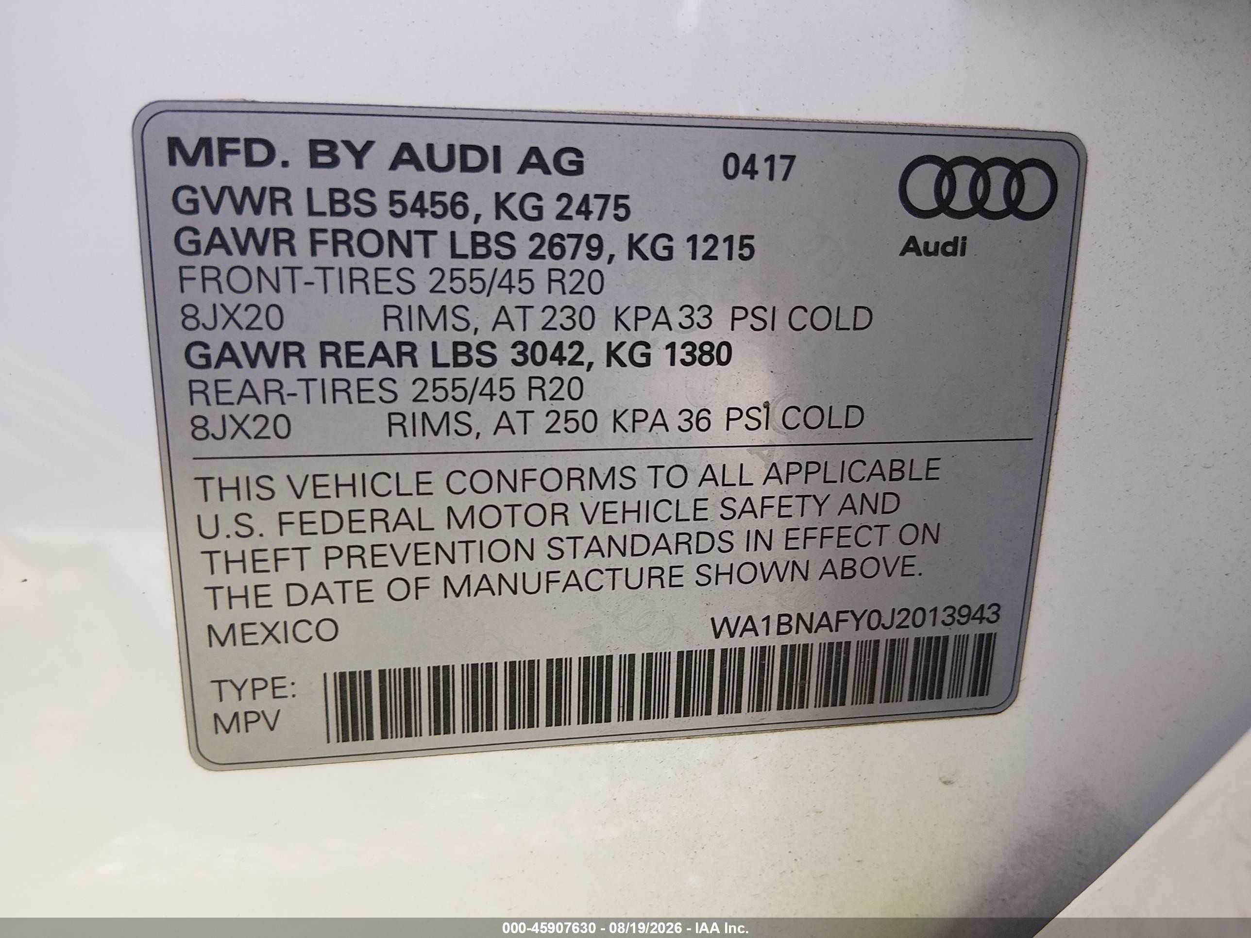2018 Audi Q5 VIN WA1BNAFY0J2013943 IAAI salvage auction — Front End, Salvage (South Carolina), sold $7,100 on 2026-10-02 (photo 9)
