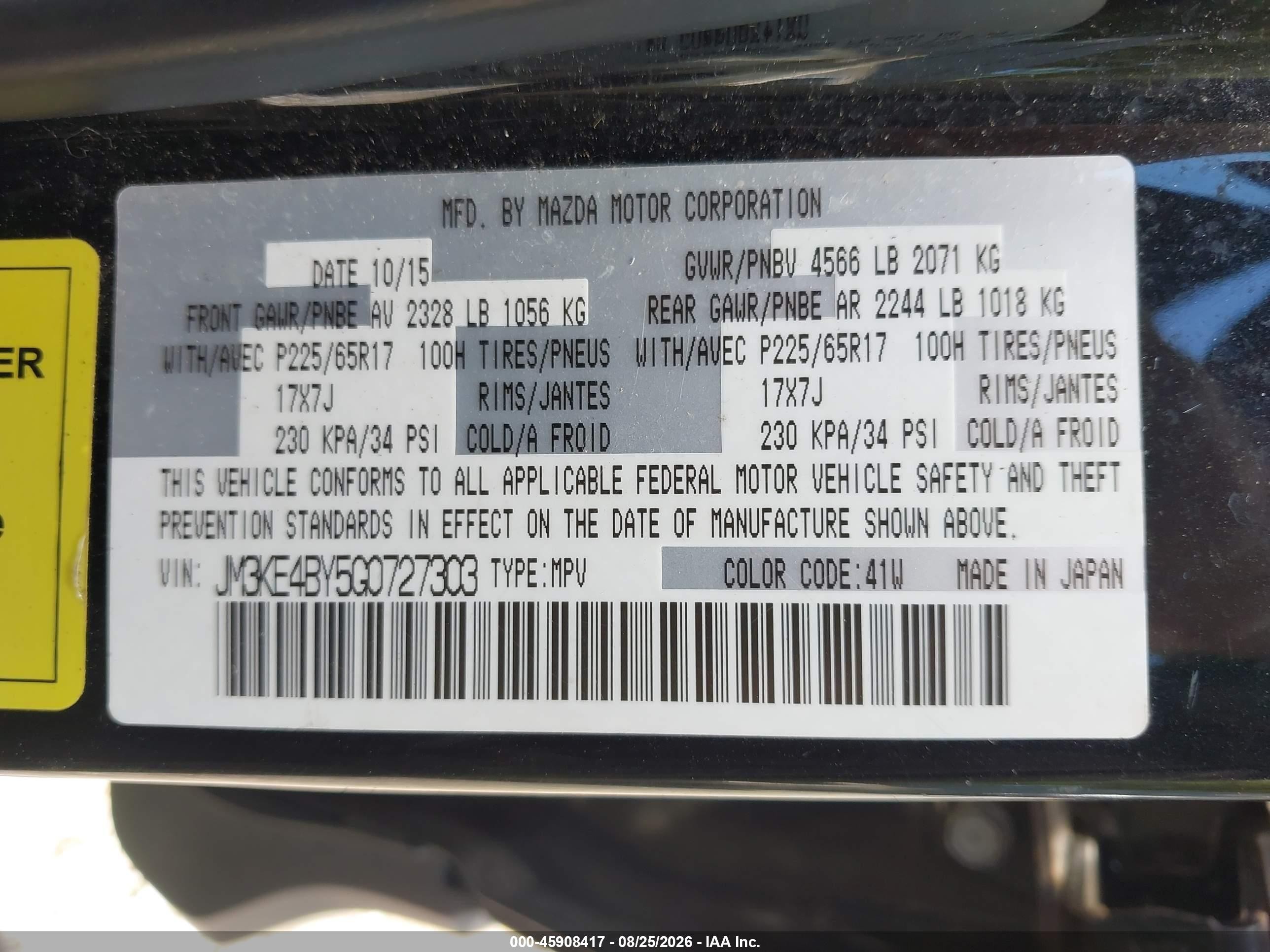 2016 Mazda Cx-5 VIN JM3KE4BY5G0727303 IAAI salvage auction — Front End, Salvage (New Jersey), sold $1,950 on 2026-10-06 (photo 9)