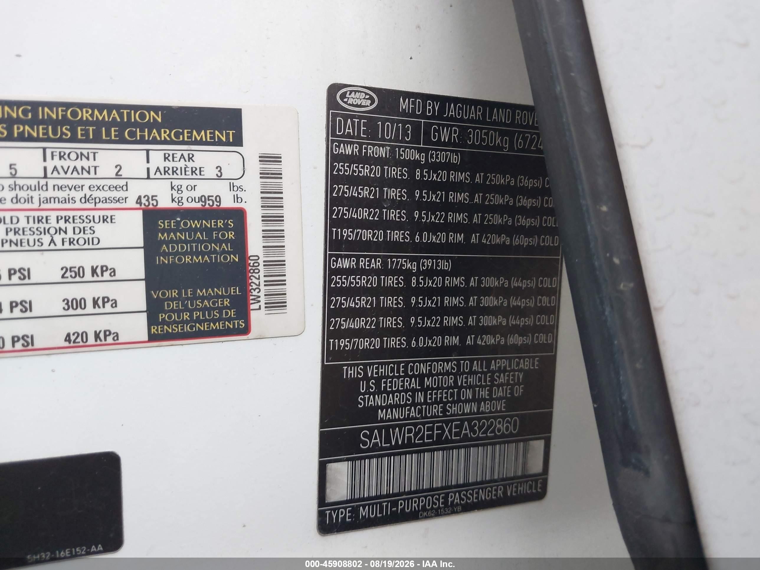 2014 Land Rover Range Rover Sport VIN SALWR2EFXEA322860 IAAI salvage auction — Front End, Salvage (Indiana), sold $3,200 on 2026-09-21 (photo 9)