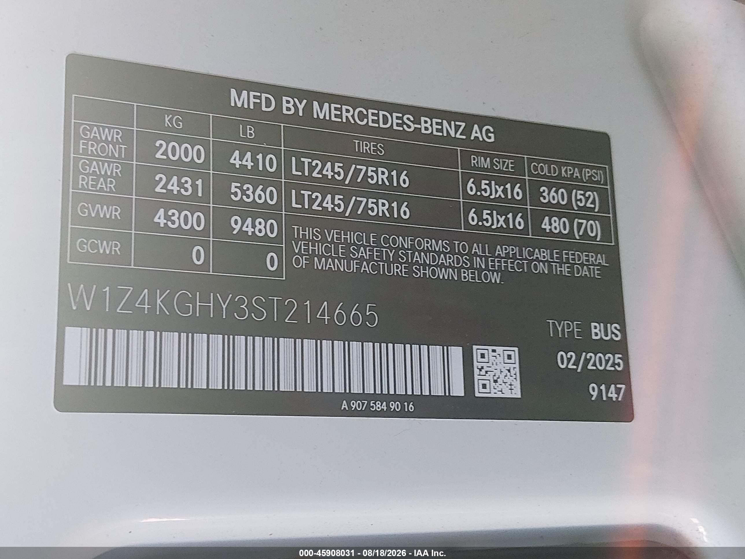 2025 Mercedes-benz Sprinter VIN W1Z4KGHY3ST214665 IAAI salvage auction — Front End, Enterprise Vehicles Clear Only (Minnesota), sold $31,750 on 2026-08-22 (photo 9)