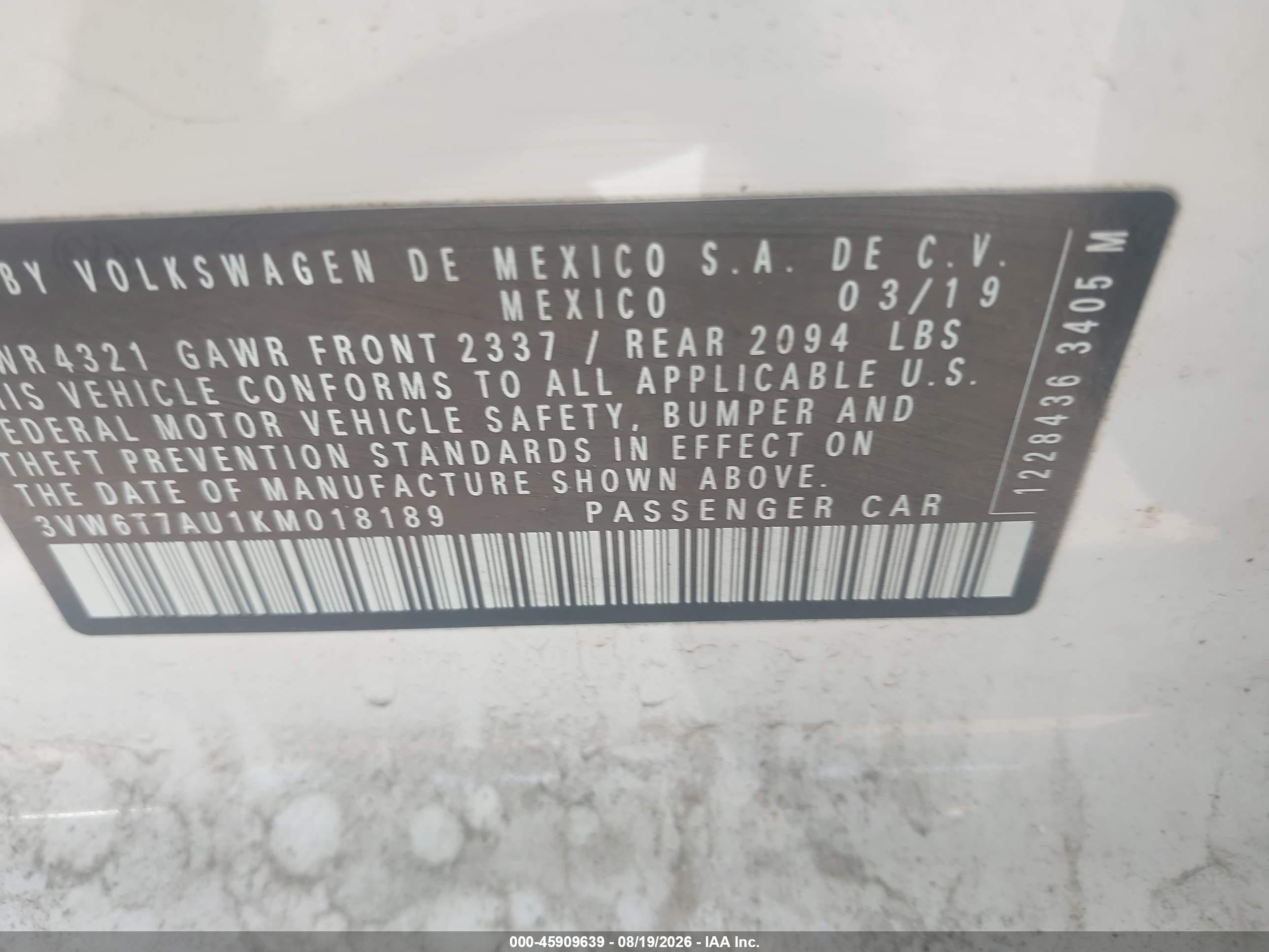 2019 Volkswagen Golf gti VIN 3VW6T7AU1KM018189 IAAI salvage auction — Rollover, Salvage (Massachusetts), sold $2,800 on 2026-09-26 (photo 9)