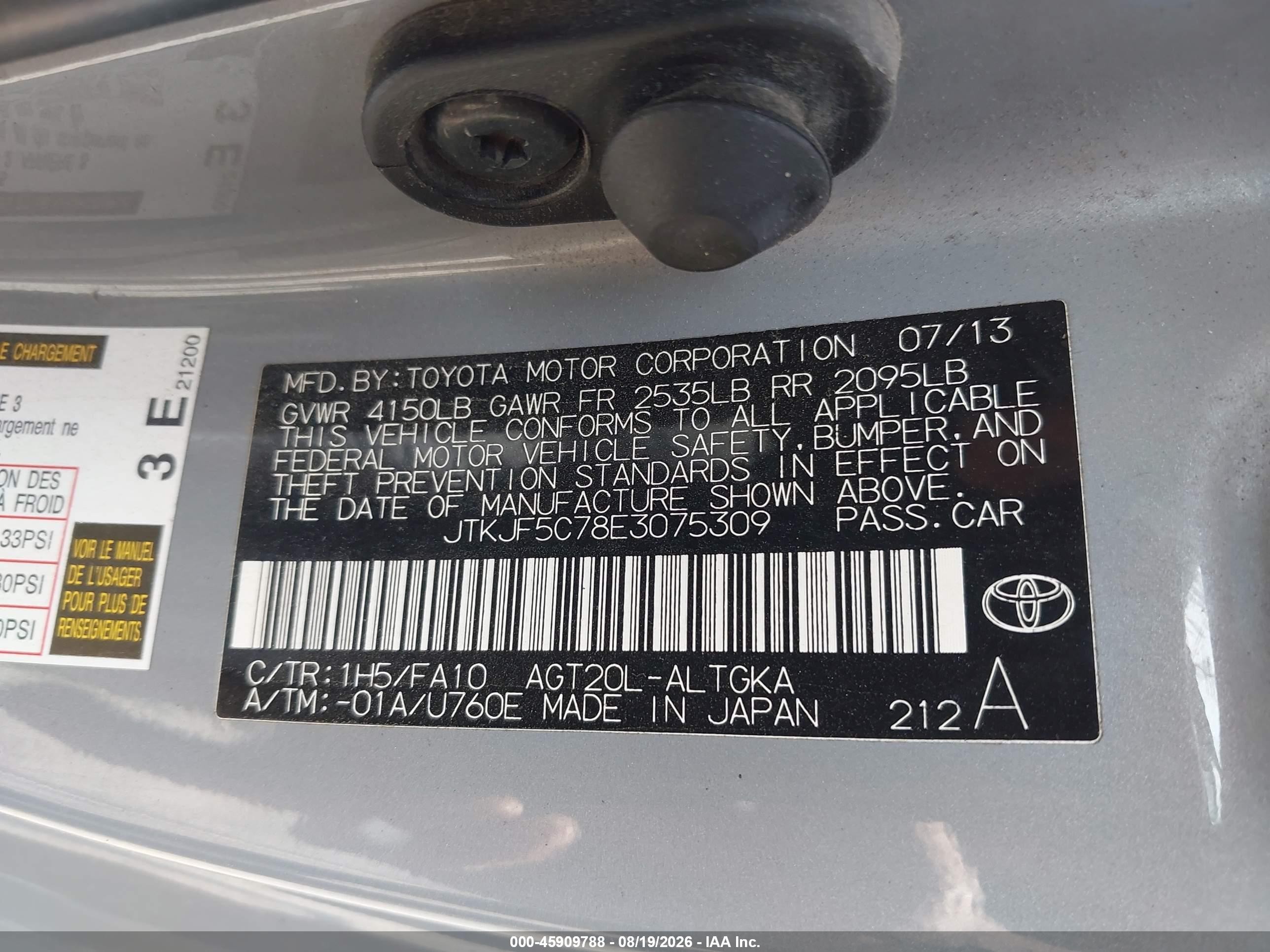 2014 Scion Tc VIN JTKJF5C78E3075309 IAAI salvage auction — Front End, Salvage (Montana), sold $1,000 on 2026-09-05 (photo 9)