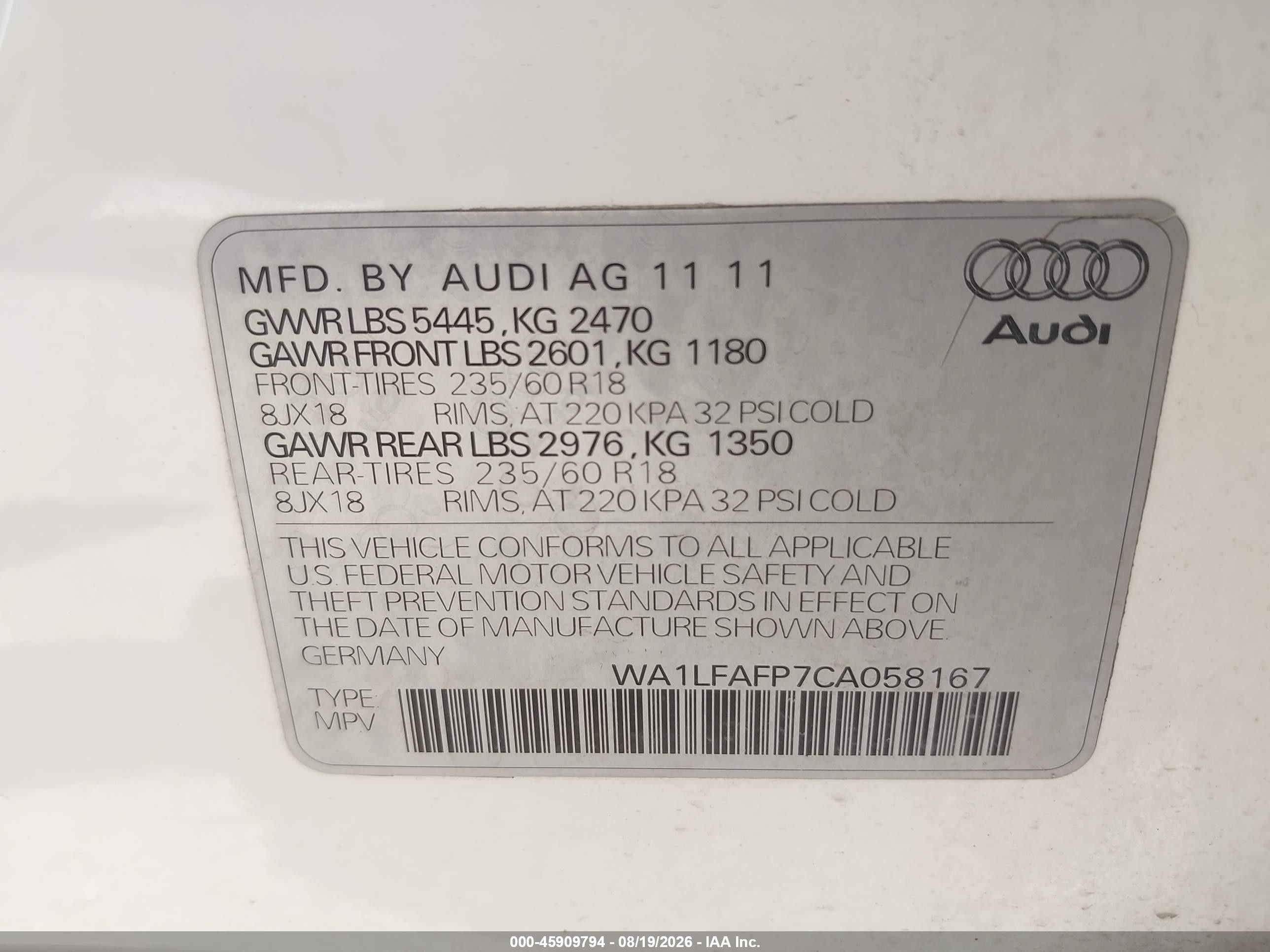 2012 Audi Q5 VIN WA1LFAFP7CA058167 IAAI salvage auction — Front End, Original (Texas), sold $600 on 2026-10-05 (photo 9)