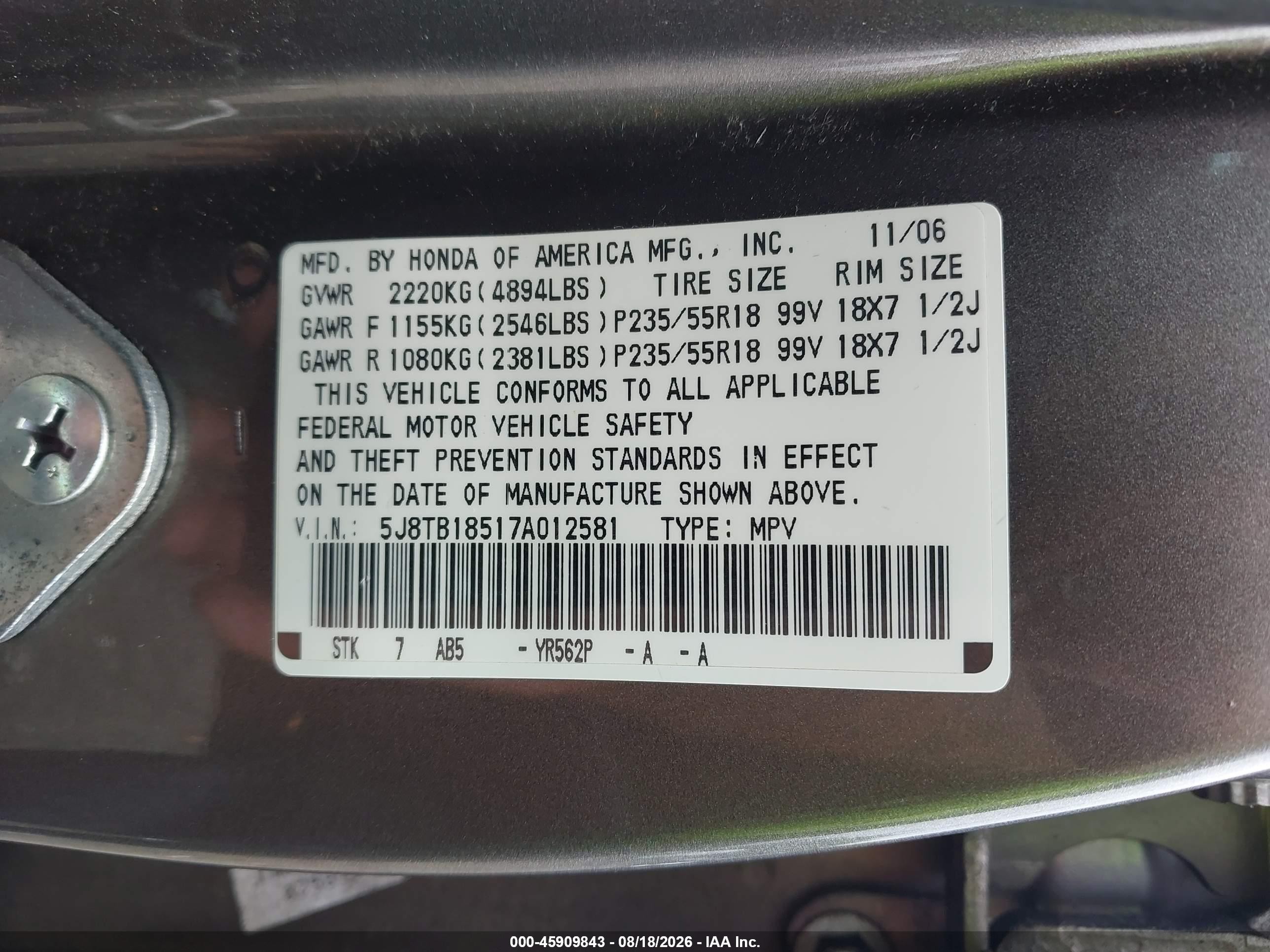 2007 Acura Rdx VIN 5J8TB18517A012581 IAAI salvage auction — Front End, Clear (Virginia), sold $600 on 2026-10-01 (photo 9)
