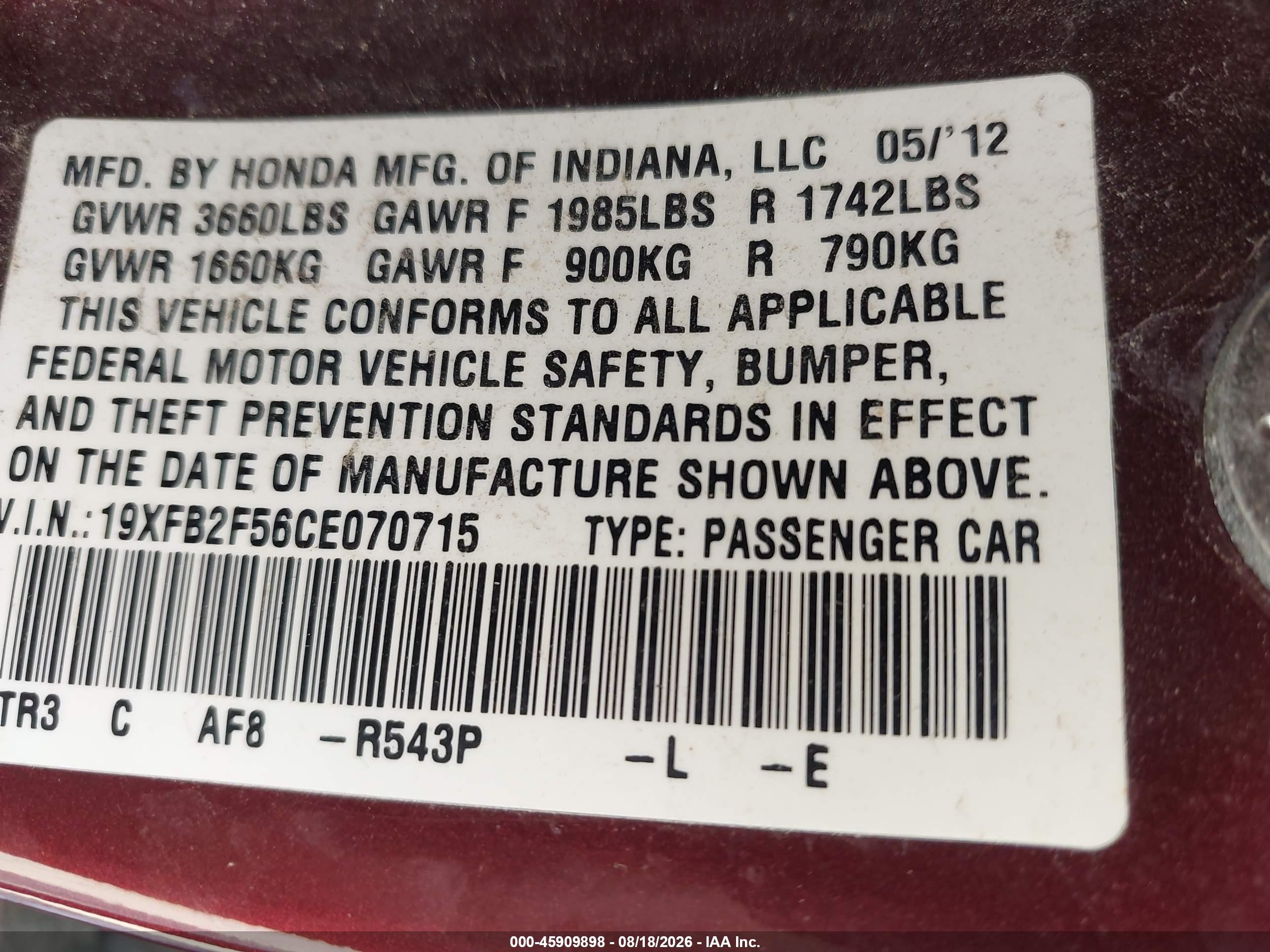 2012 Honda Civic VIN 19XFB2F56CE070715 IAAI salvage auction — Front End, Salvage (Ohio), sold $700 on 2026-09-09 (photo 9)