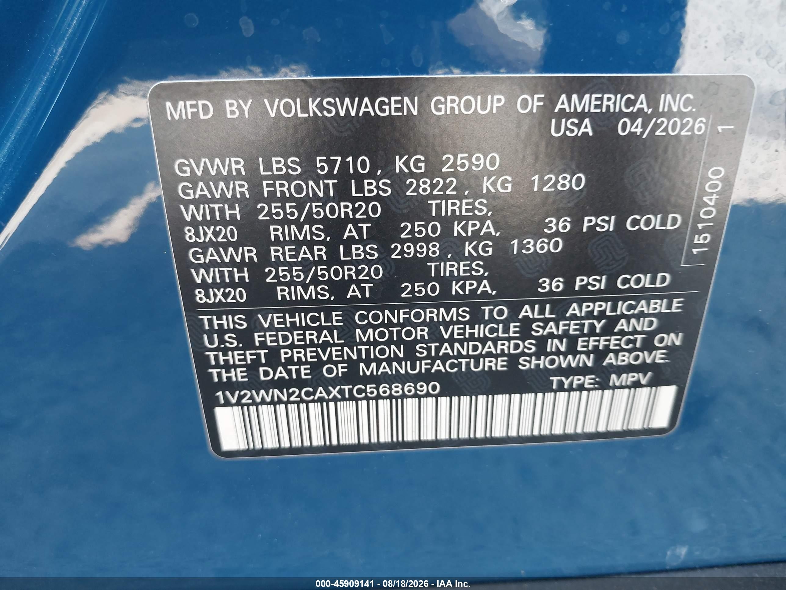 2026 Volkswagen Atlas VIN 1V2WN2CAXTC568690 IAAI salvage auction — Front End, Enterprise Vehicles Clear Only (California), sold $18,600 on 2026-08-23 (photo 9)