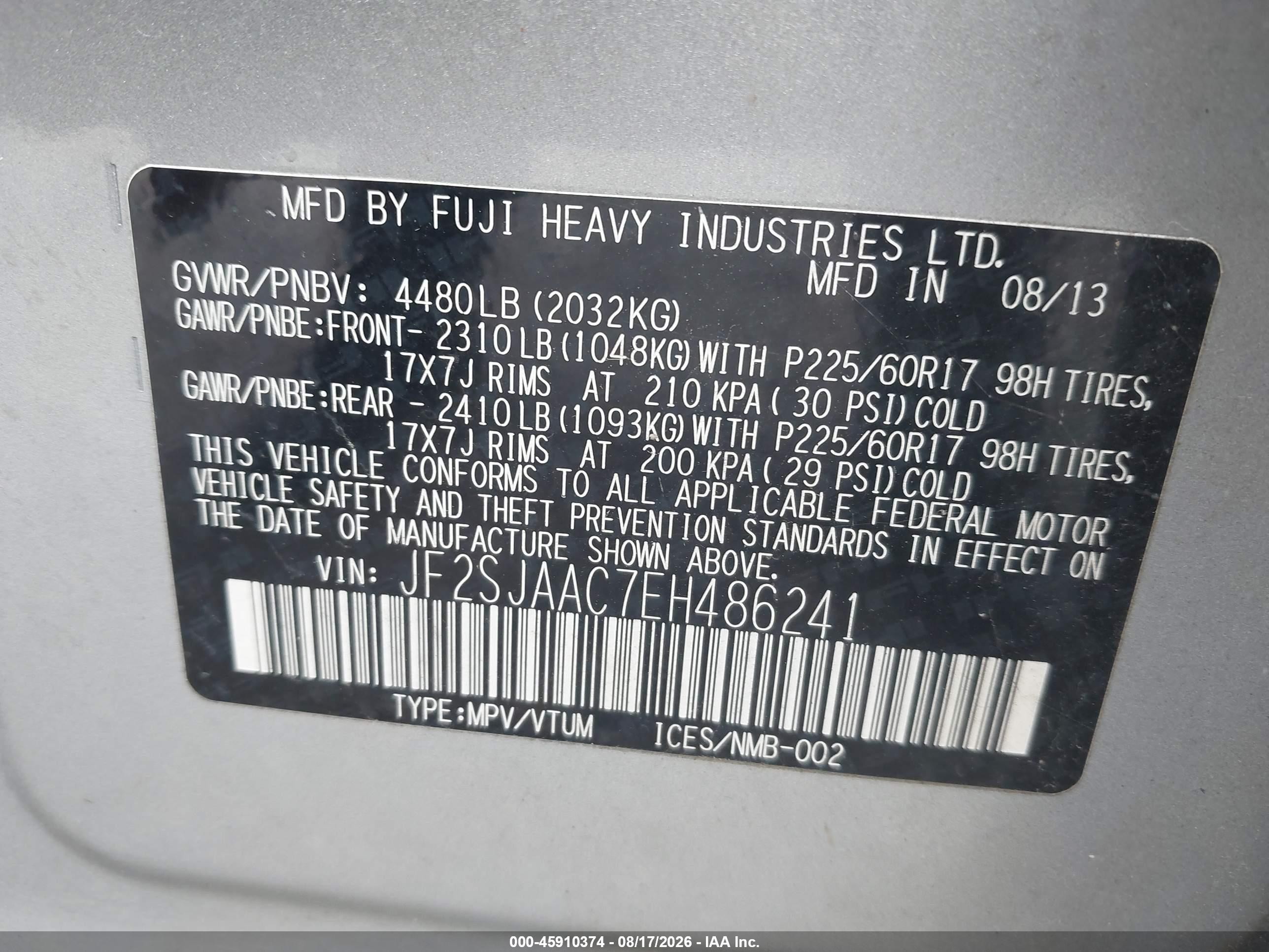 2014 Subaru Forester VIN JF2SJAAC7EH486241 IAAI salvage auction — Normal Wear, Original (Ohio), sold $1,300 on 2026-09-09 (photo 9)