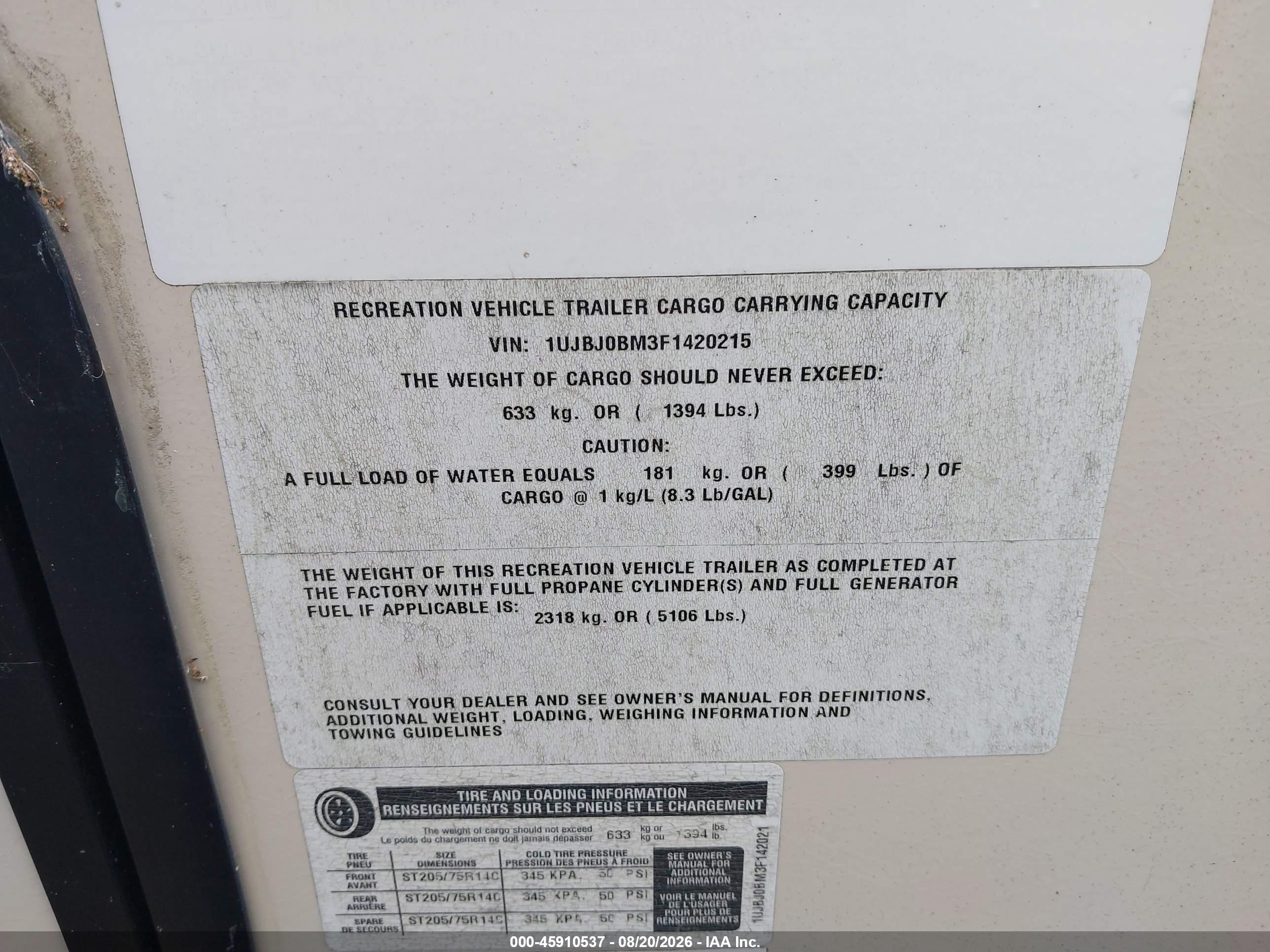 2015 Jayco White Hawk VIN 1UJBJ0BM3F1420215 IAAI salvage auction — Top/Roof, Salvage (Pennsylvania), sold $25 on 2026-09-16 (photo 9)