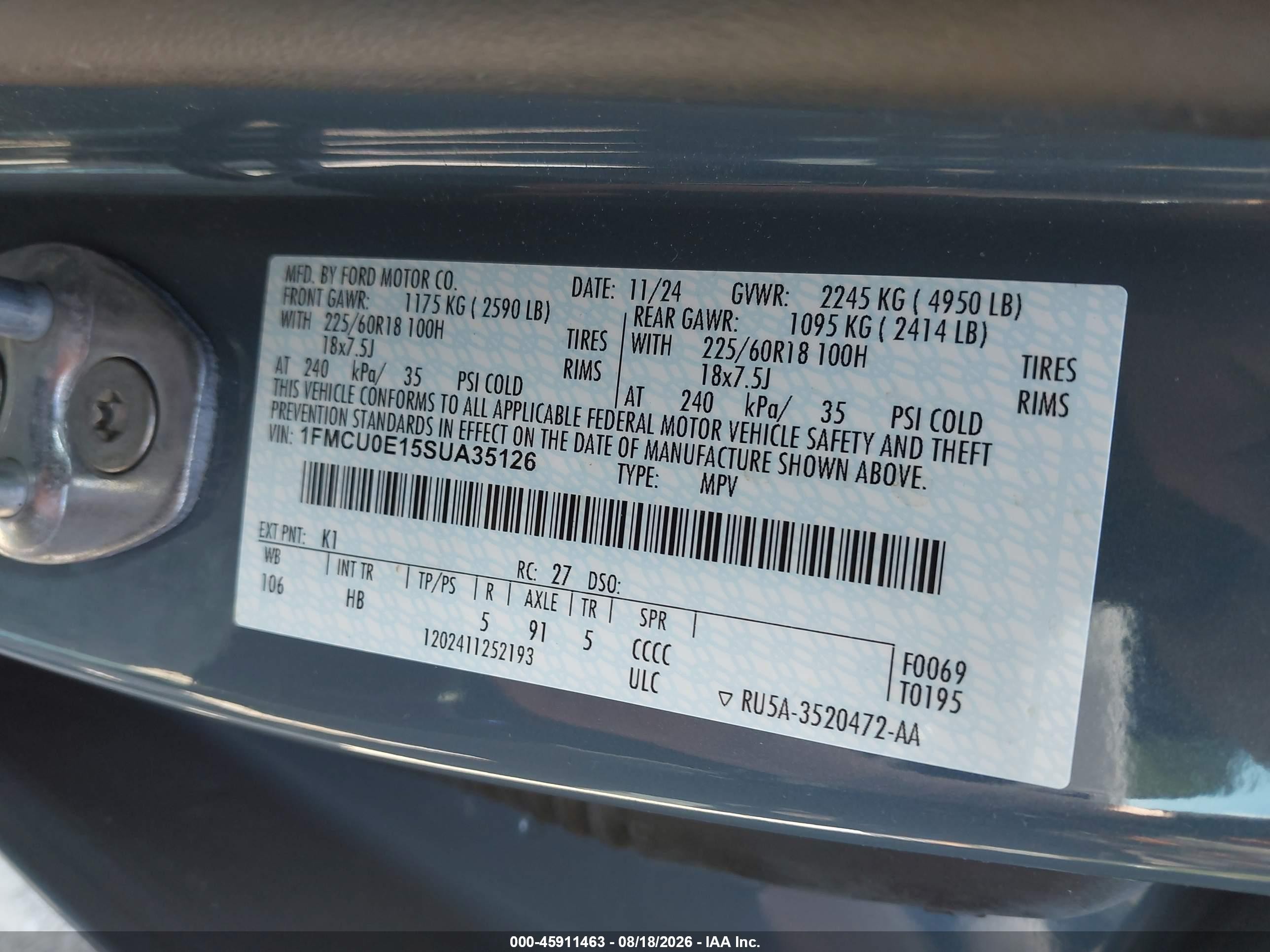 2025 Ford Escape VIN 1FMCU0E15SUA35126 IAAI salvage auction — Unknown, Salvage (Pennsylvania), sold $7,600 on 2026-09-25 (photo 9)