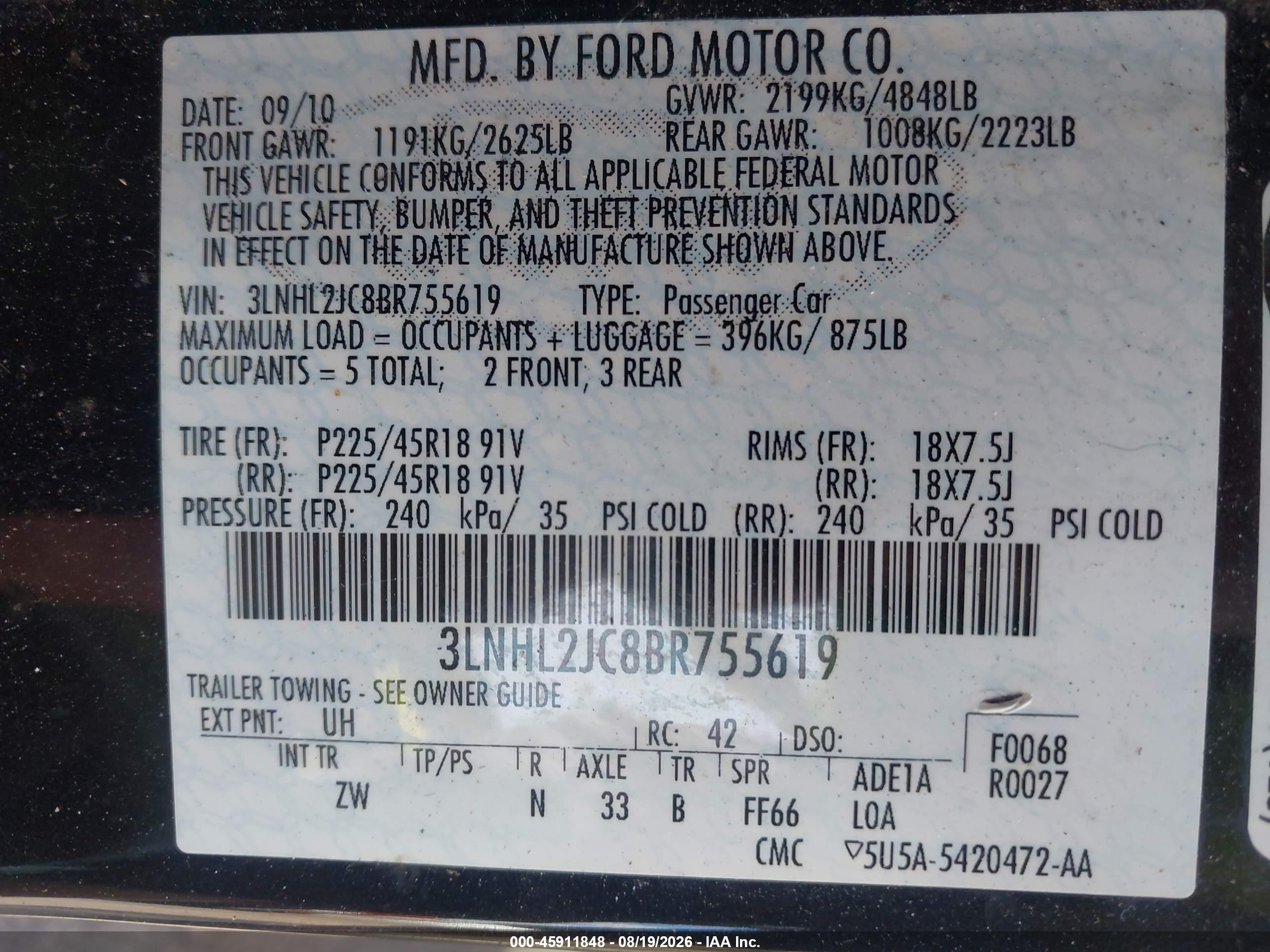 2011 Lincoln MKZ VIN 3LNHL2JC8BR755619 IAAI salvage auction — Front End, Salvage (North Carolina), sold $575 on 2026-09-25 (photo 9)