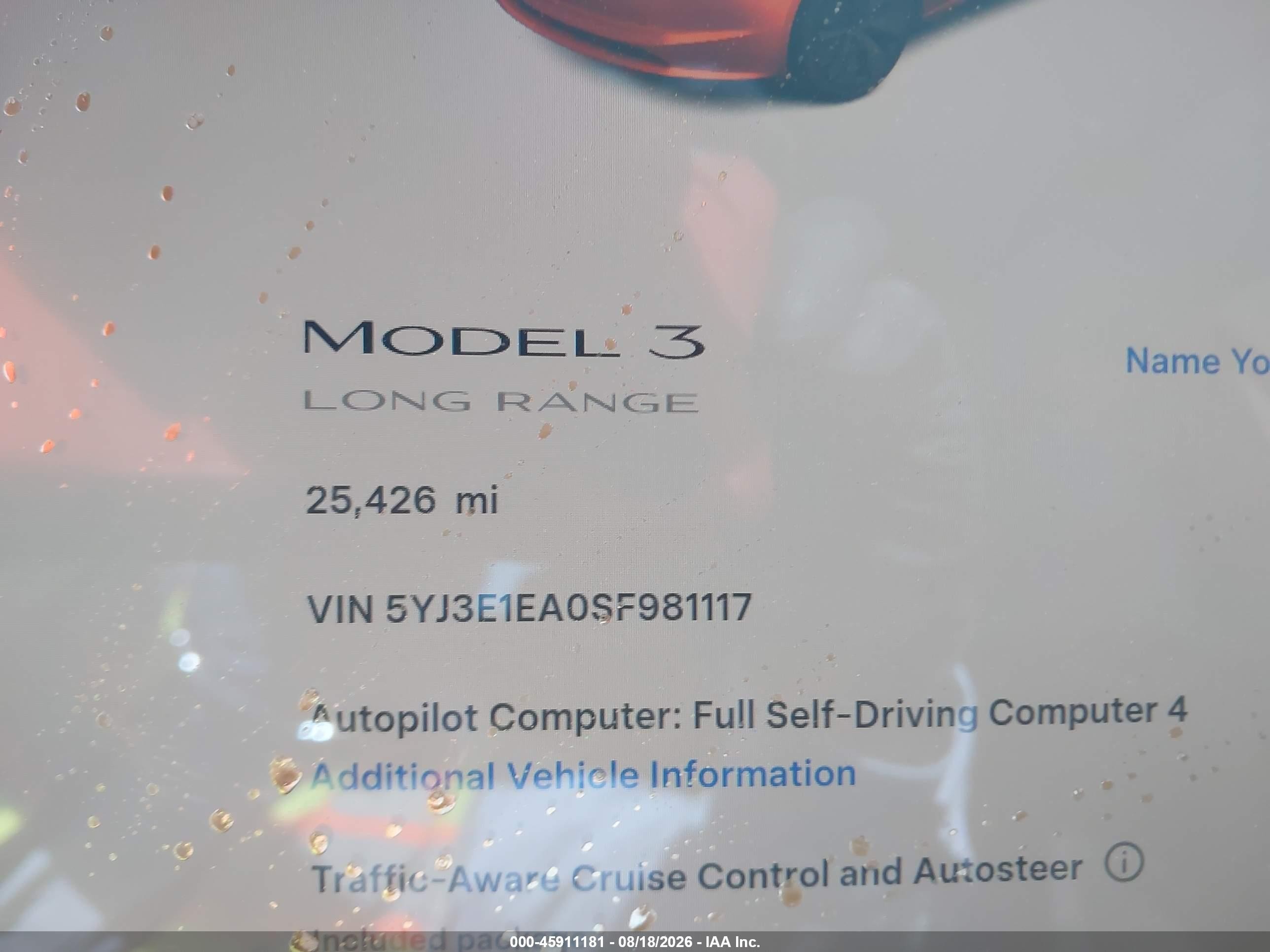 2025 Tesla Model 3 VIN 5YJ3E1EA0SF981117 IAAI salvage auction — Front End, Rebuildable (Florida), sold $4,450 on 2026-09-17 (photo 7)