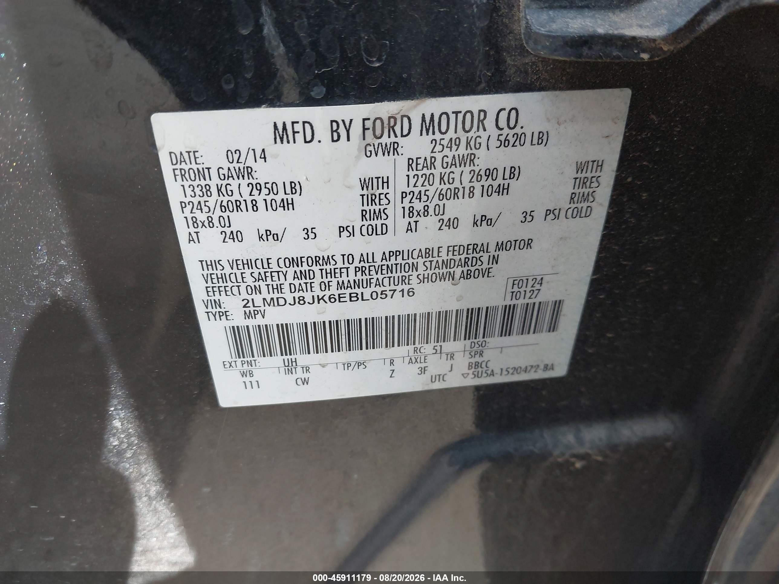 2014 Lincoln Mkx VIN 2LMDJ8JK6EBL05716 IAAI salvage auction — Front End, Salvage (California), sold $700 on 2026-09-13 (photo 9)