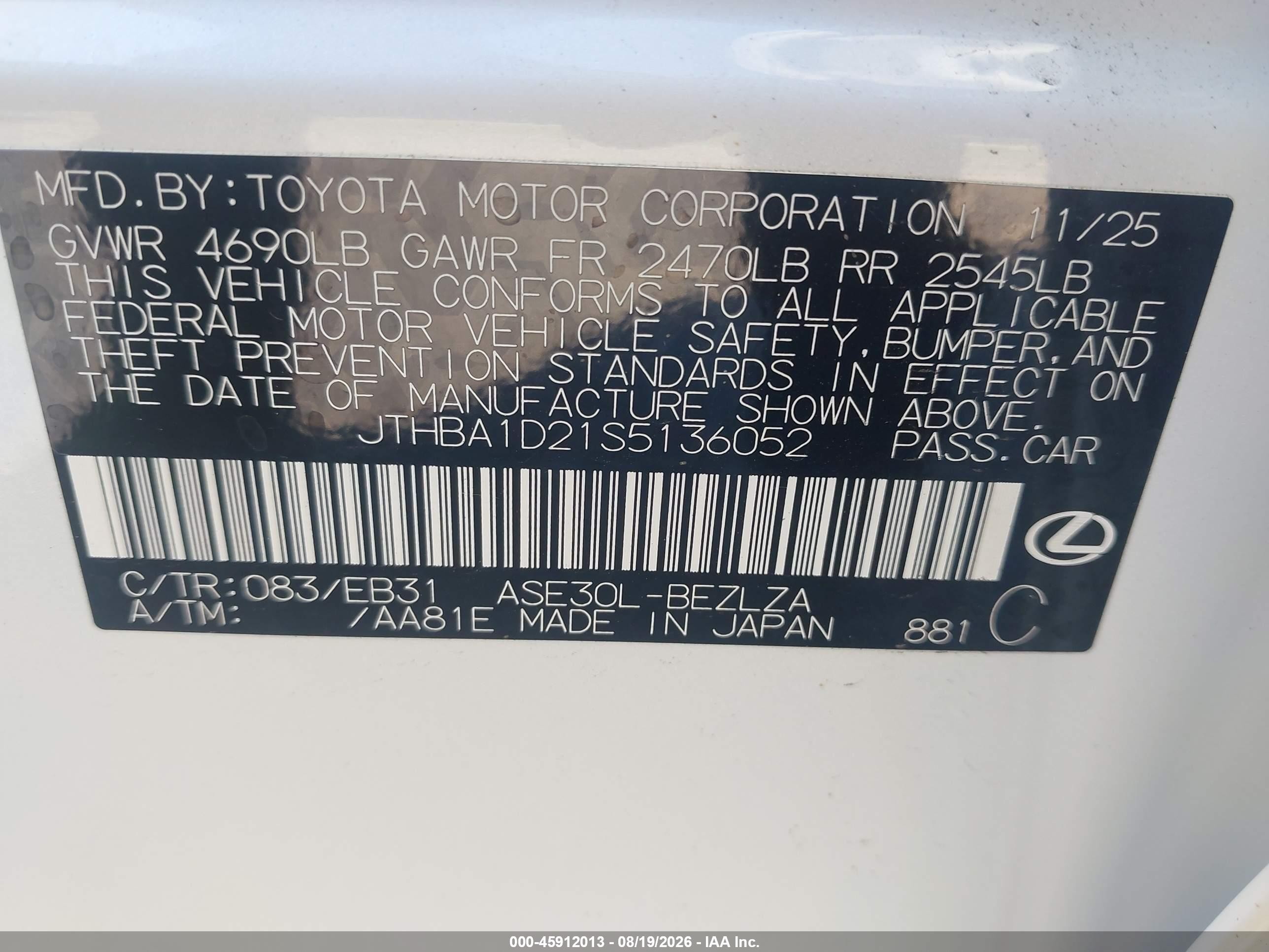 2025 Lexus IS 300 VIN JTHBA1D21S5136052 IAAI salvage auction — Unknown, Salvage (Virginia), sold $24,100 on 2026-09-03 (photo 9)