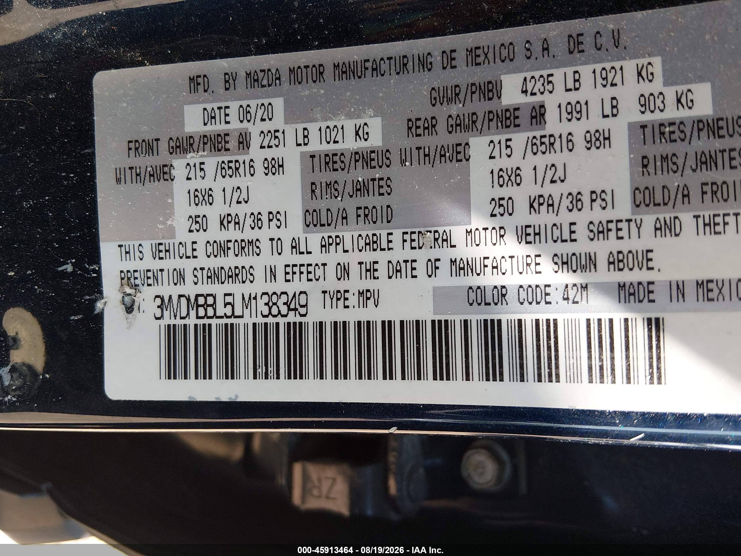 2020 Mazda Cx-30 VIN 3MVDMBBL5LM138349 IAAI salvage auction — Burn Engine, Salvage (Ohio), sold $2,550 on 2026-10-01 (photo 9)