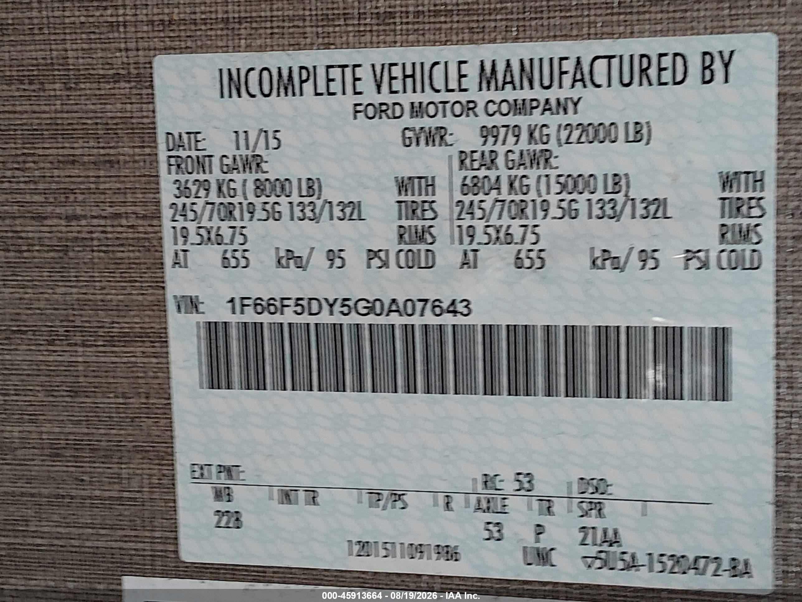 2016 Ford VIN 1F66F5DY5G0A07643 IAAI salvage auction — Normal Wear, Clear (Florida), sold $15,500 on 2026-08-28 (photo 9)