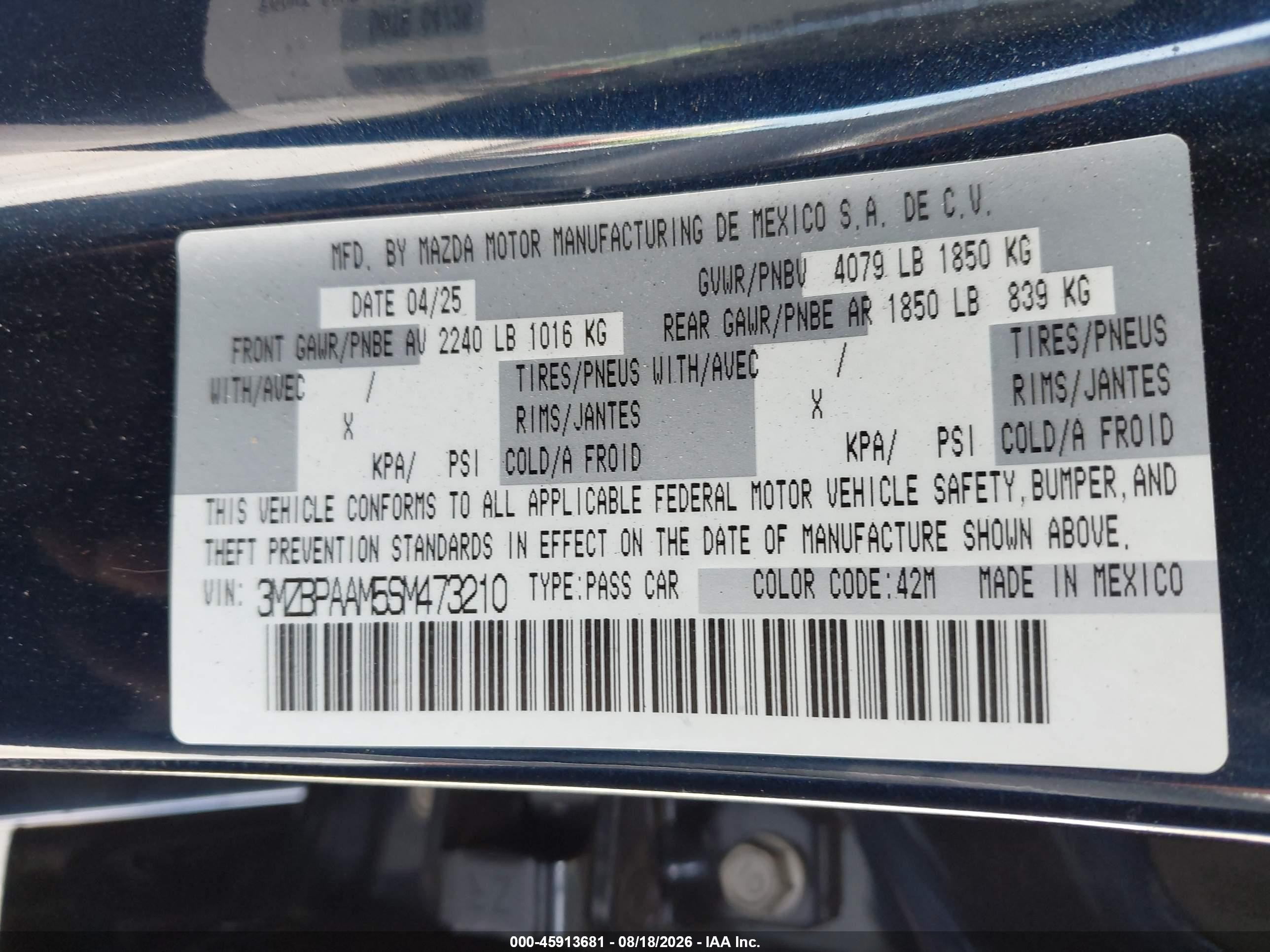 2025 Mazda 3 VIN 3MZBPAAM5SM473210 IAAI salvage auction — Side, Salvage (California), sold $3,150 on 2026-09-19 (photo 9)