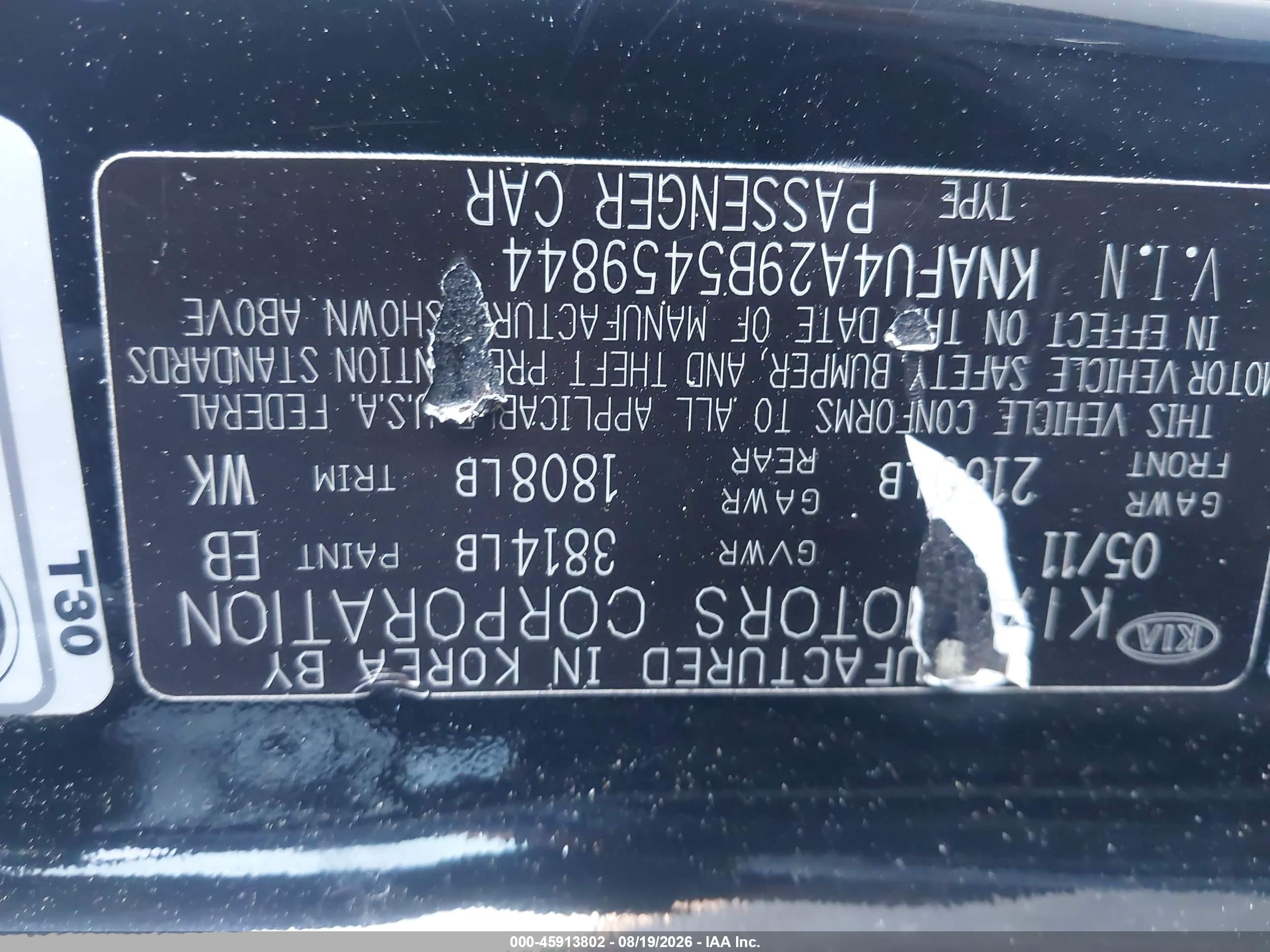 2011 Kia Forte VIN KNAFU4A29B5459844 IAAI salvage auction — Side, Salvage (Utah), sold $400 on 2026-09-05 (photo 9)