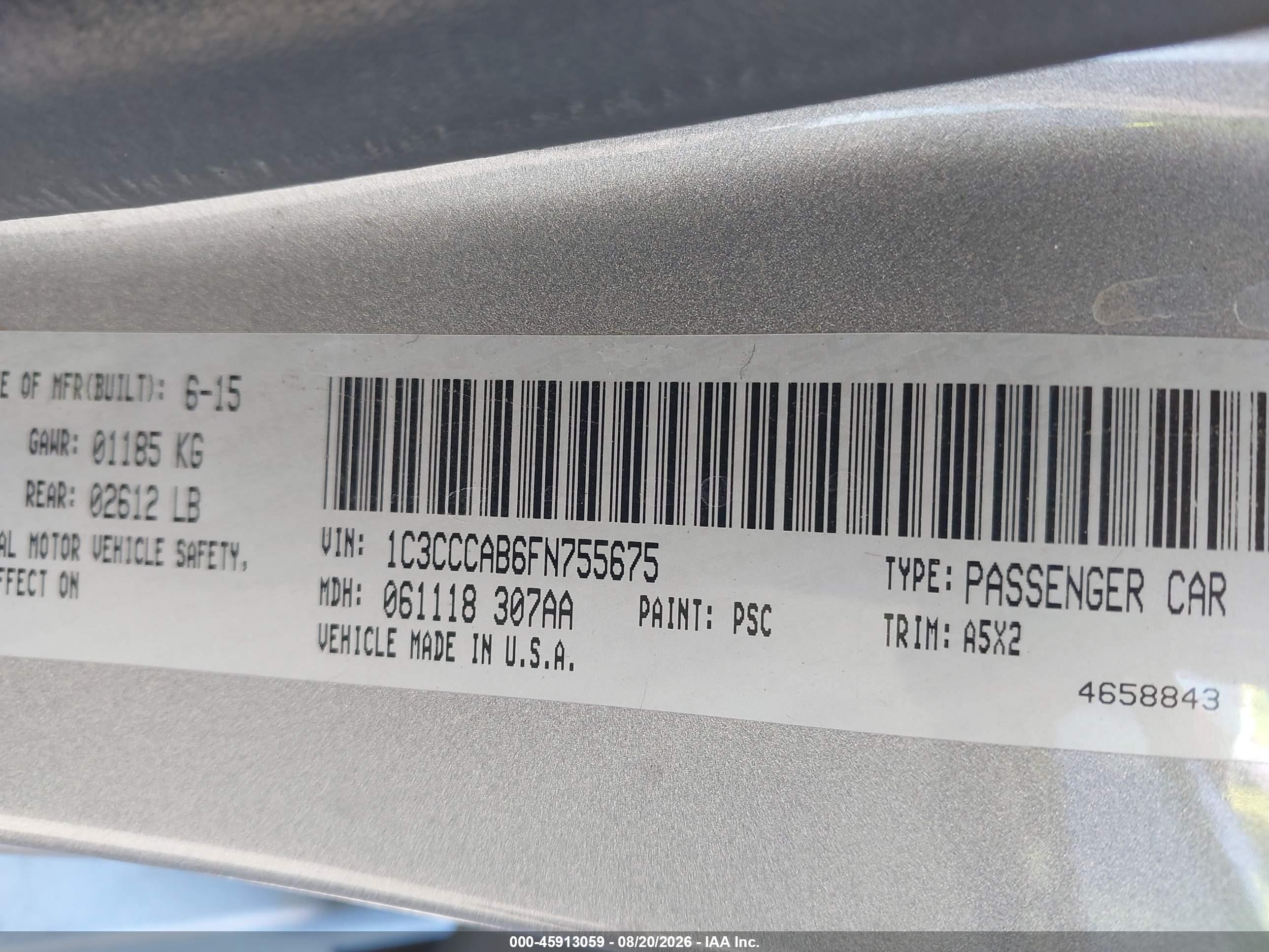 2015 Chrysler 200 VIN 1C3CCCAB6FN755675 IAAI salvage auction — Rear End, Salvage (Arizona), sold $1,000 on 2026-09-03 (photo 9)