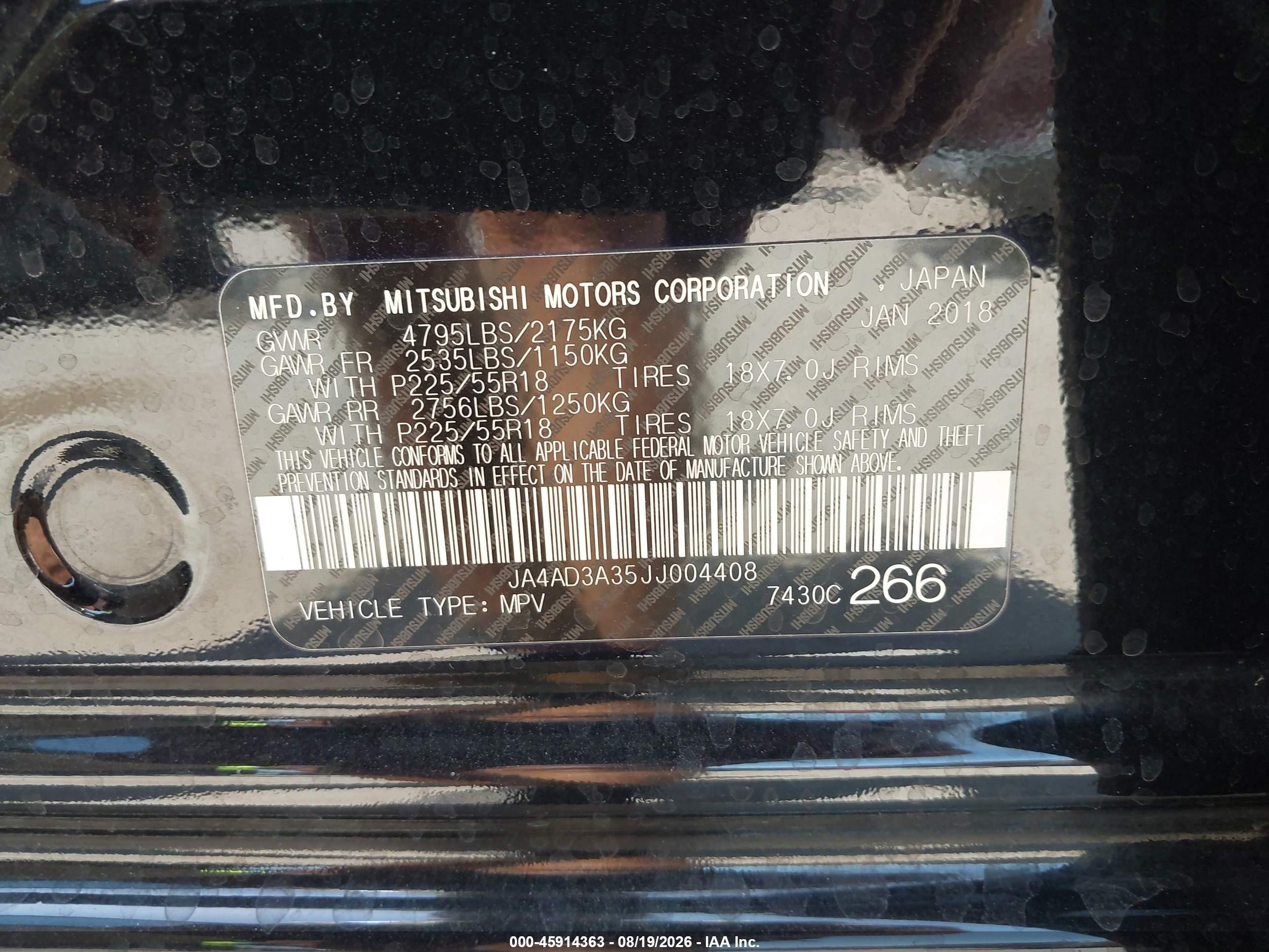 2018 Mitsubishi Outlander VIN JA4AD3A35JJ004408 IAAI salvage auction — Front End, Salvage (Texas), sold $1,750 on 2026-09-11 (photo 9)