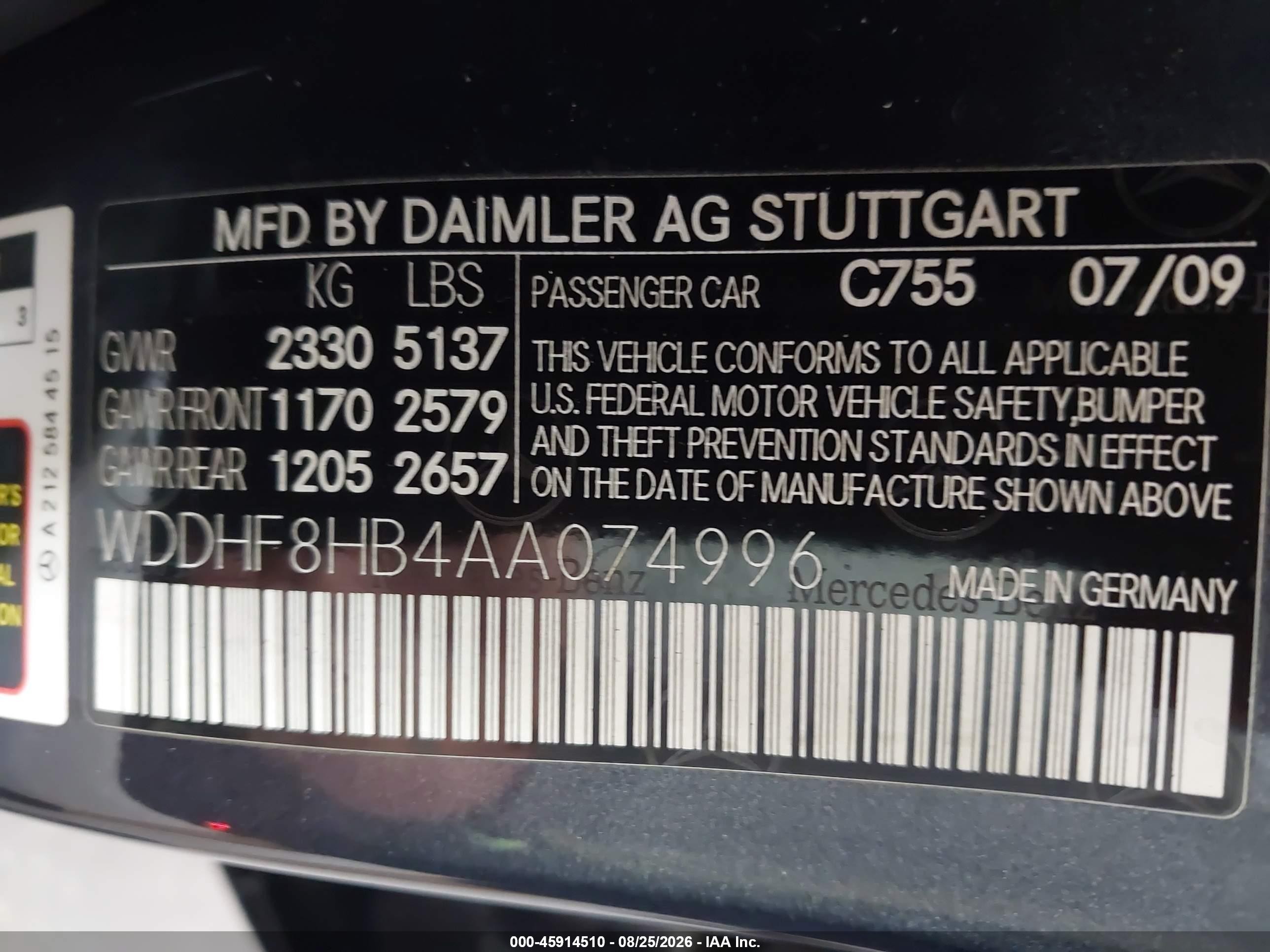 2010 Mercedes-benz E-class VIN WDDHF8HB4AA074996 IAAI salvage auction — Unknown, Rebuildable (Florida), sold $825 on 2026-09-02 (photo 9)
