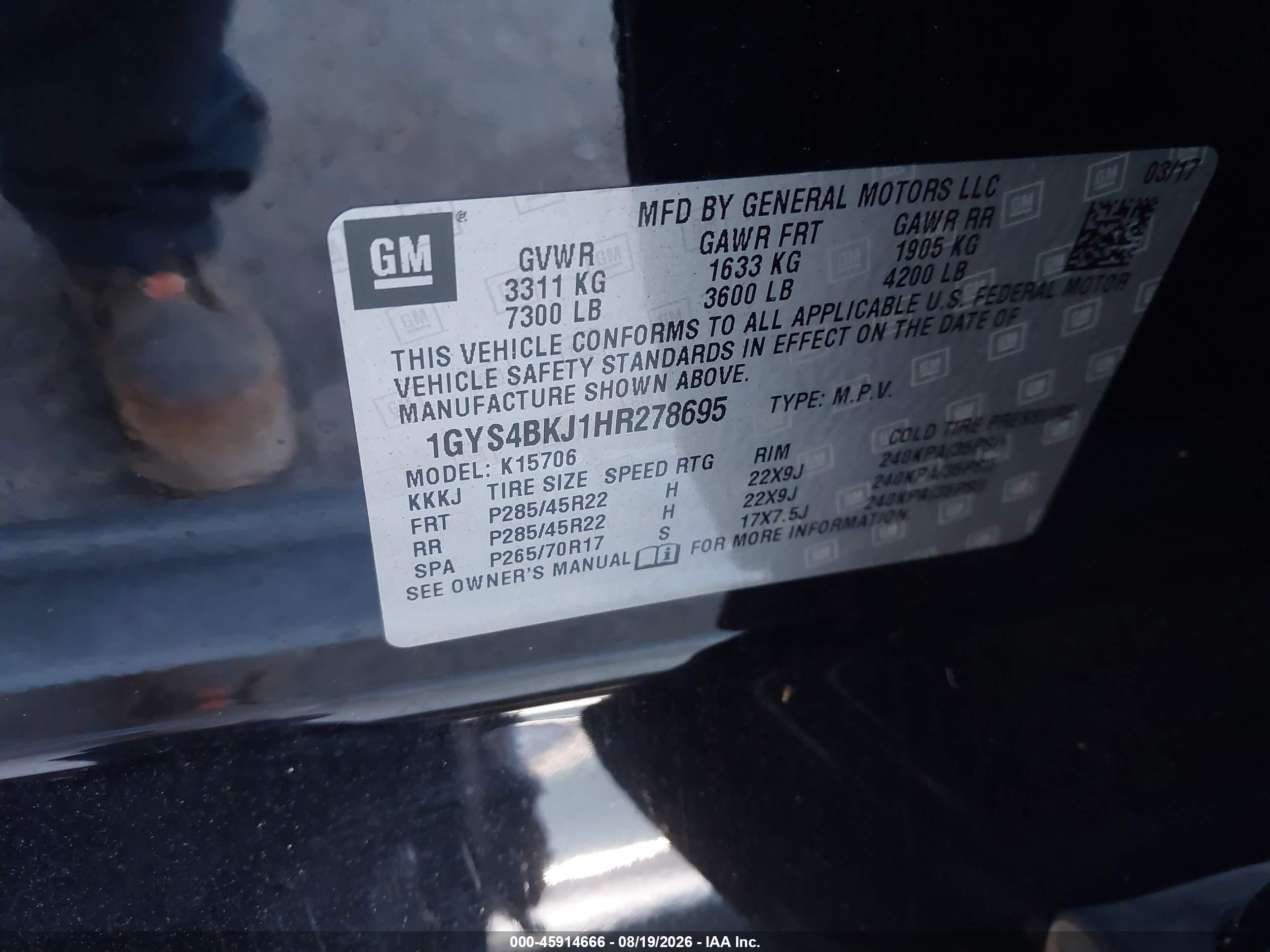 2017 Cadillac Escalade VIN 1GYS4BKJ1HR278695 IAAI salvage auction — Theft, Salvage (California), sold $10,100 on 2026-09-12 (photo 9)