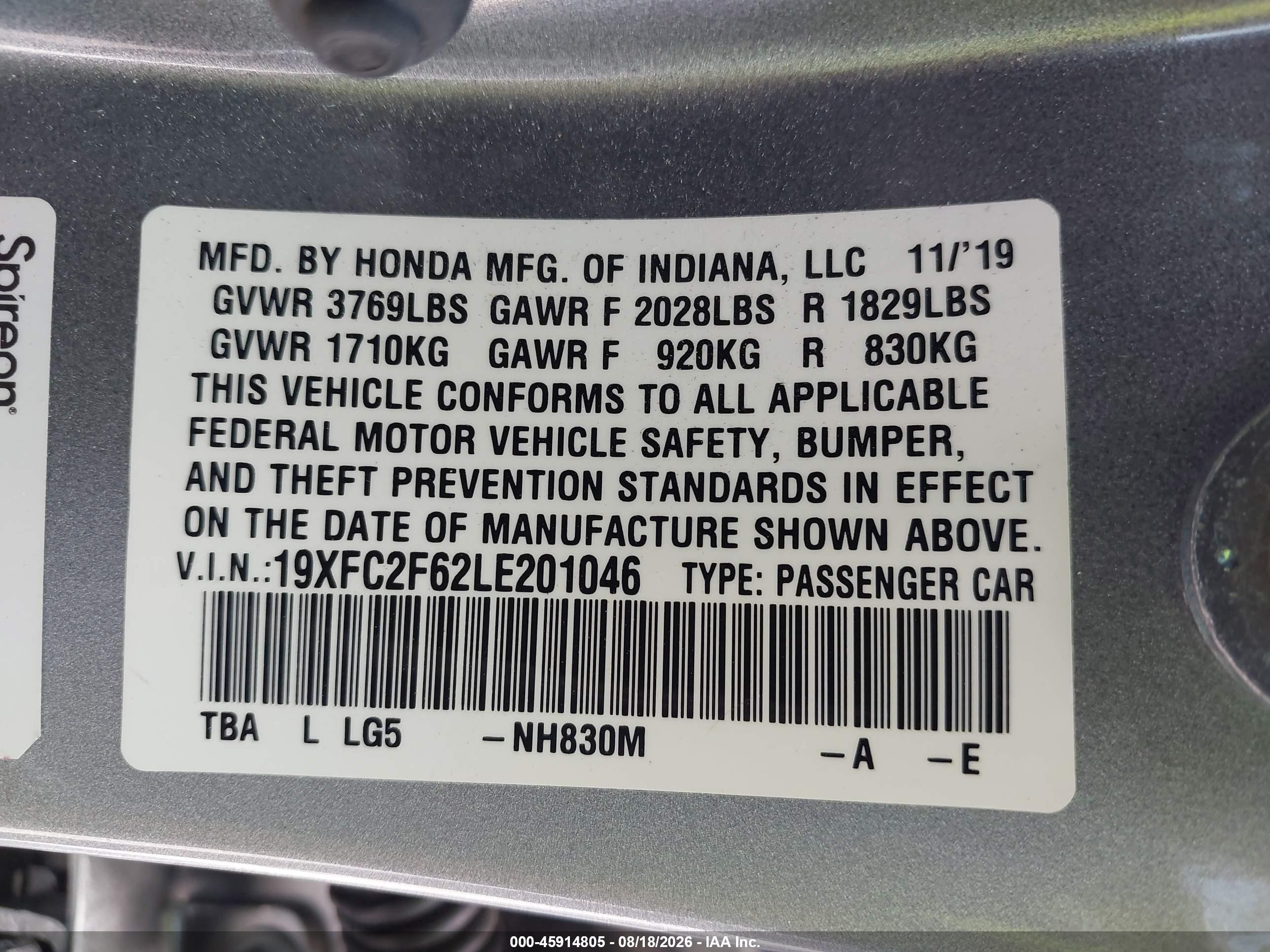 2020 Honda Civic VIN 19XFC2F62LE201046 IAAI salvage auction — Front End, Salvage (California), sold $4,750 on 2026-09-13 (photo 9)