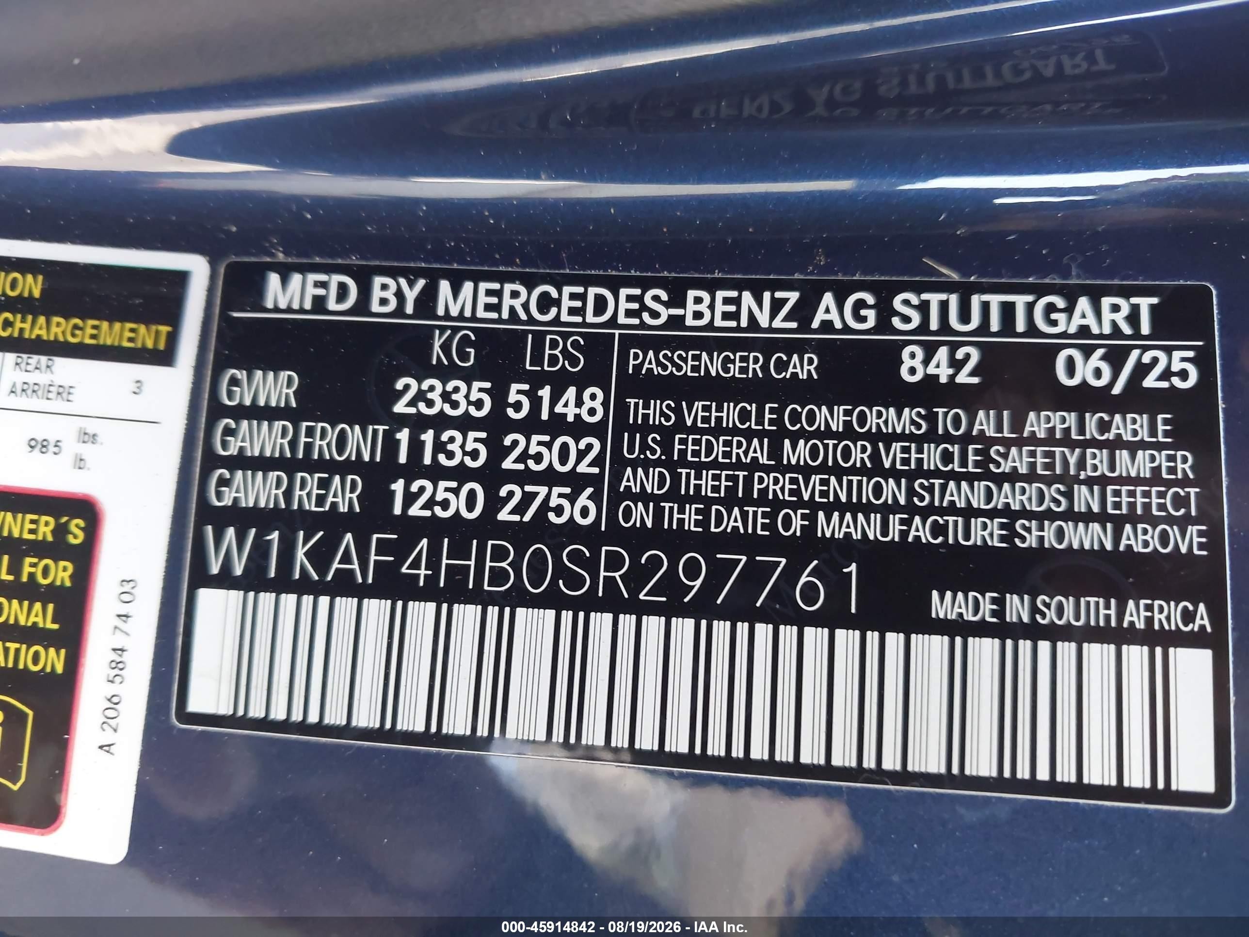 2025 Mercedes-Benz C-Class VIN W1KAF4HB0SR297761 IAAI salvage auction — Rear End, Salvage (California), sold $20,700 on 2026-09-16 (photo 9)