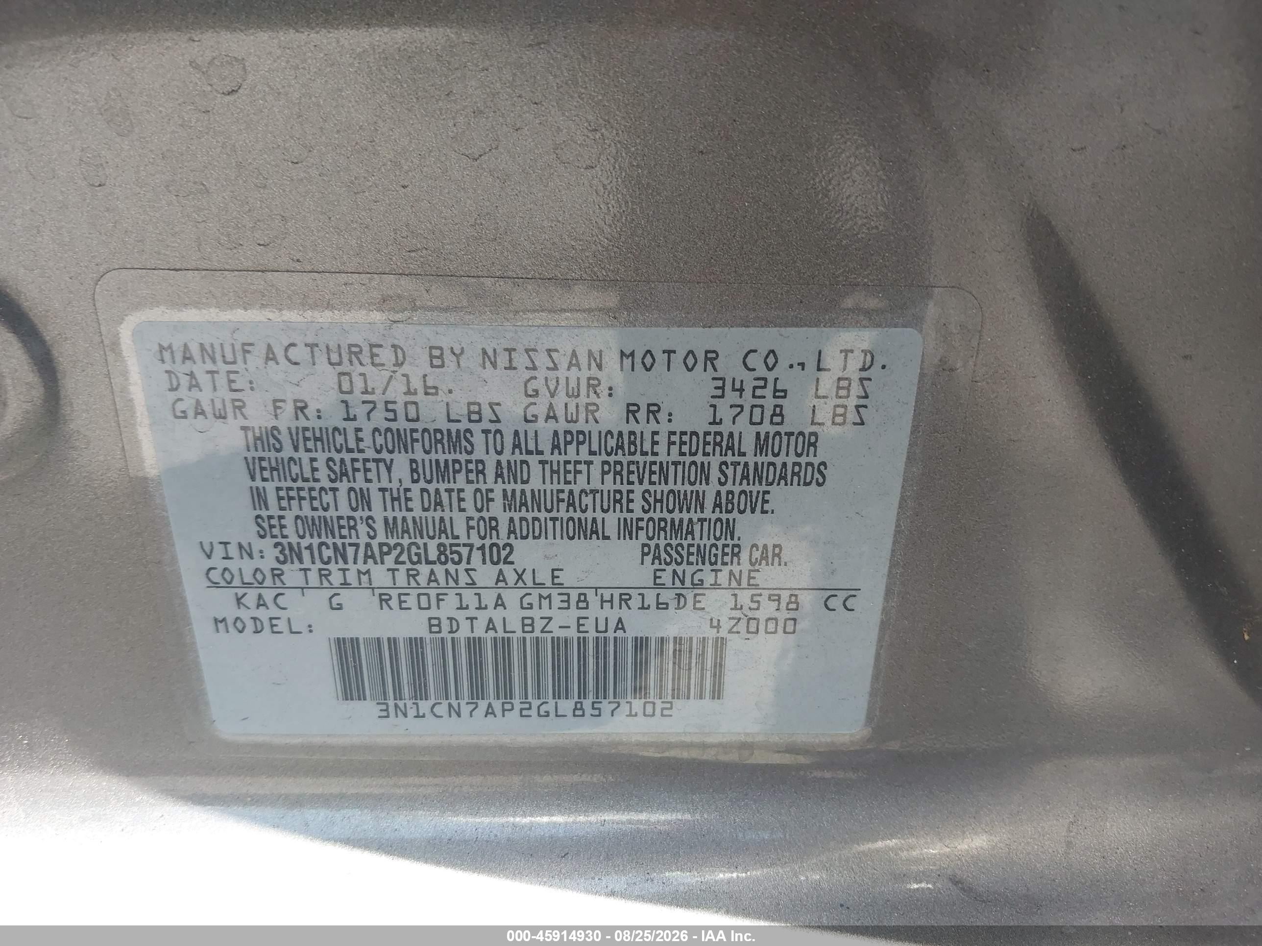 2016 Nissan Versa VIN 3N1CN7AP2GL857102 IAAI salvage auction — Rear End, Salvage Certificate (California), sold $1,300 on 2026-10-02 (photo 9)