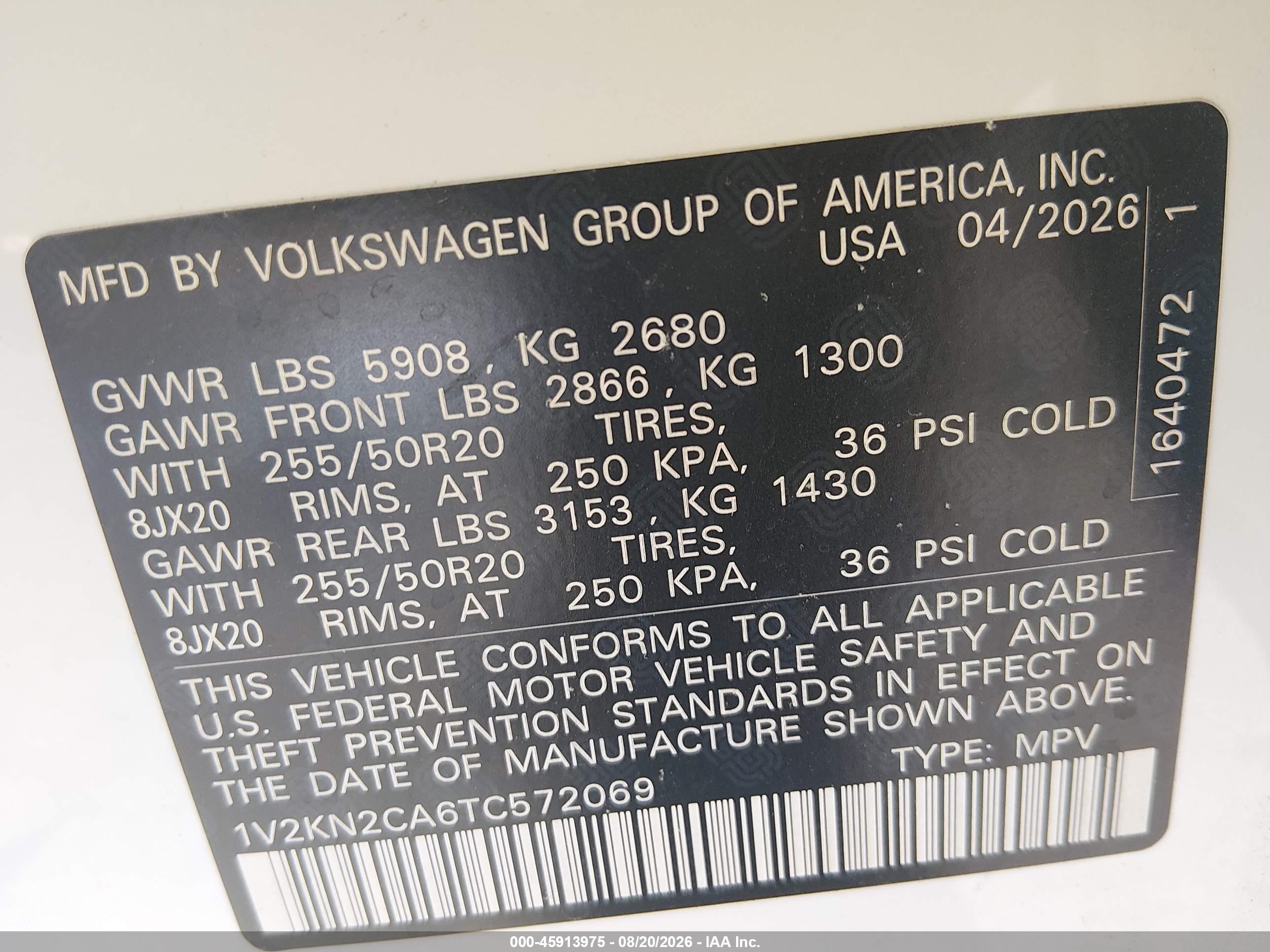2026 Volkswagen Atlas VIN 1V2KN2CA6TC572069 IAAI salvage auction — Front End, Salvage (New Mexico), sold $6,900 on 2026-09-23 (photo 9)