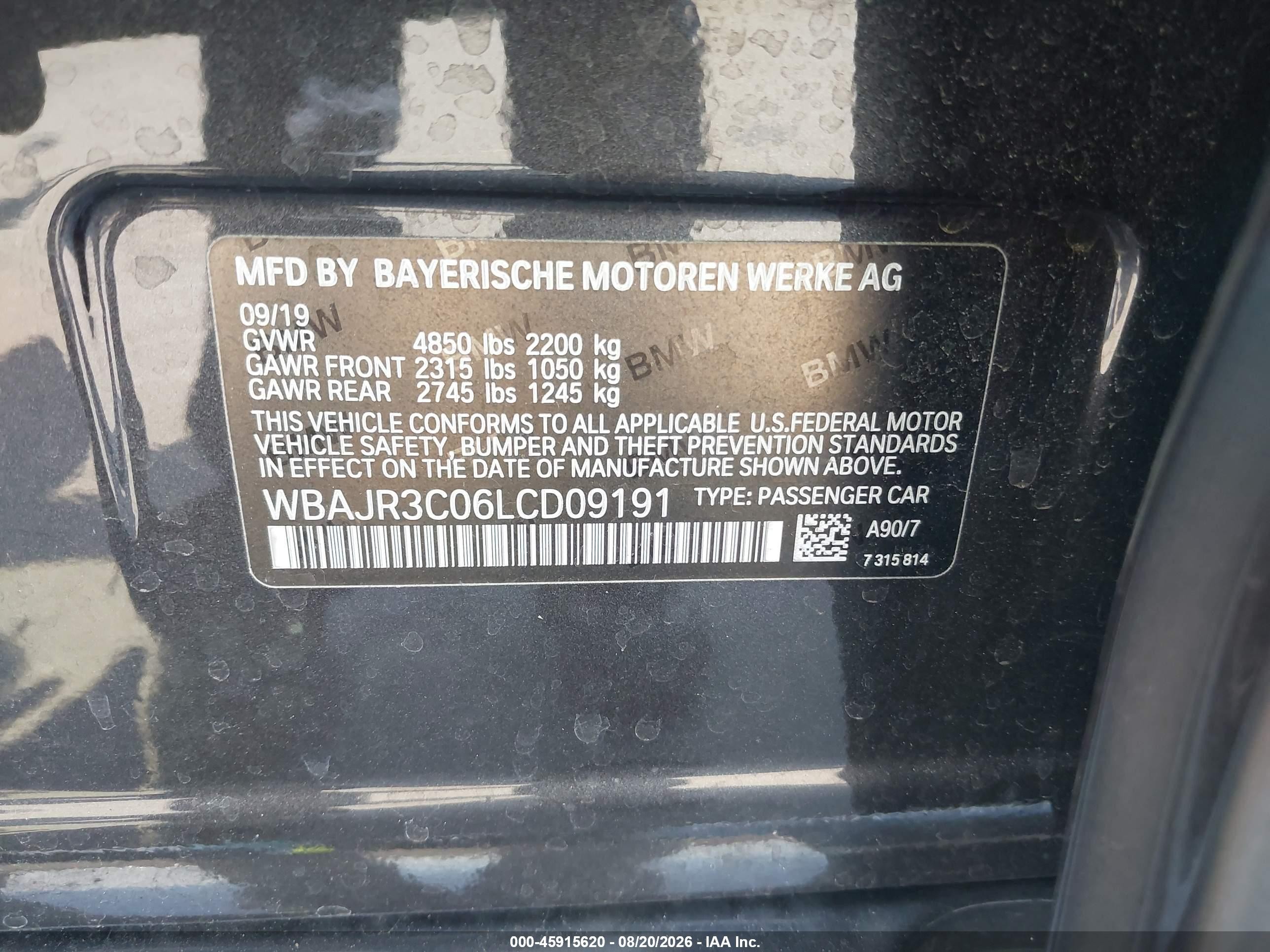 2020 BMW 5 Series VIN WBAJR3C06LCD09191 IAAI salvage auction — Unknown, Salvage Certificate (California), sold $9,400 on 2026-09-12 (photo 9)