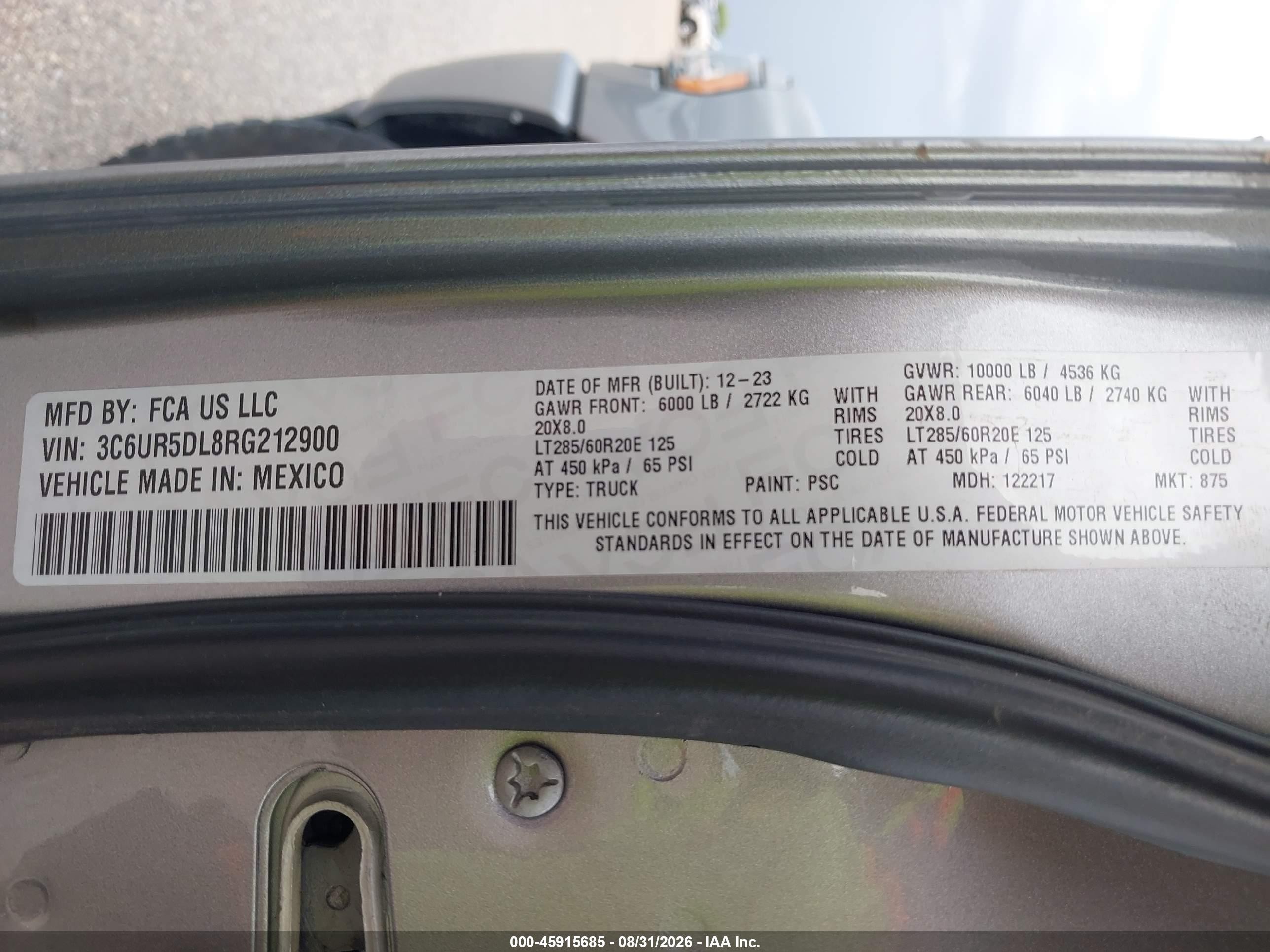 2024 Ram 2500 VIN 3C6UR5DL8RG212900 IAAI salvage auction — Theft, Salvage (Arizona), sold $25,250 on 2026-09-24 (photo 9)