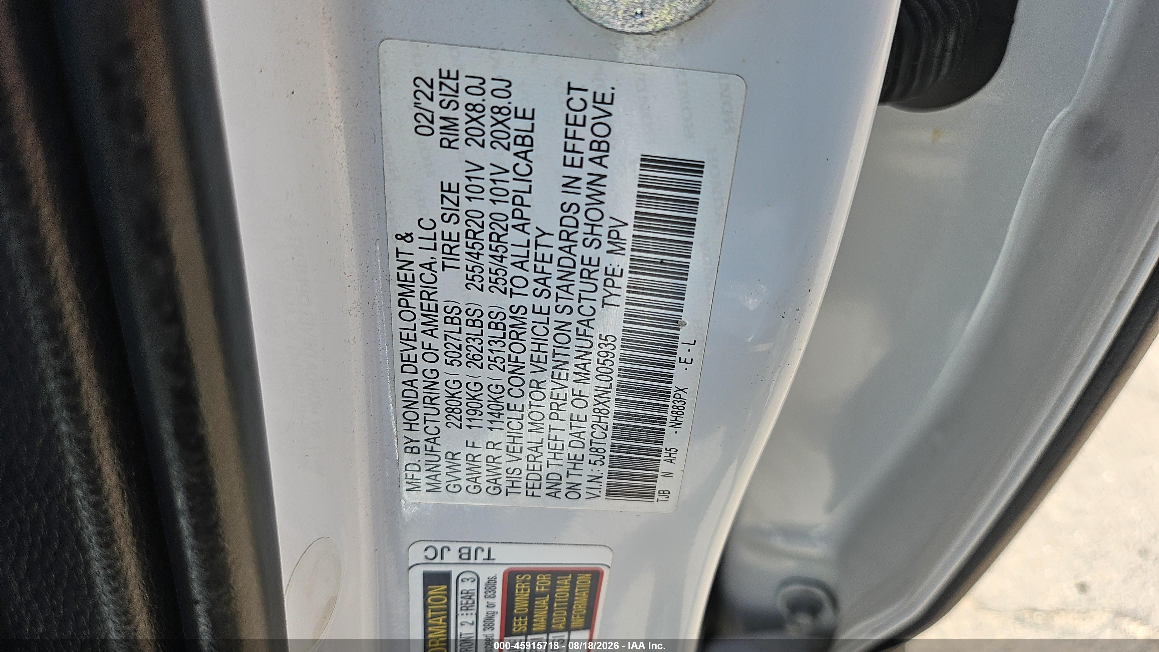 2022 Acura Rdx VIN 5J8TC2H8XNL005935 IAAI salvage auction — Rear End, Clear (Arizona), sold $13,550 on 2026-08-25 (photo 9)
