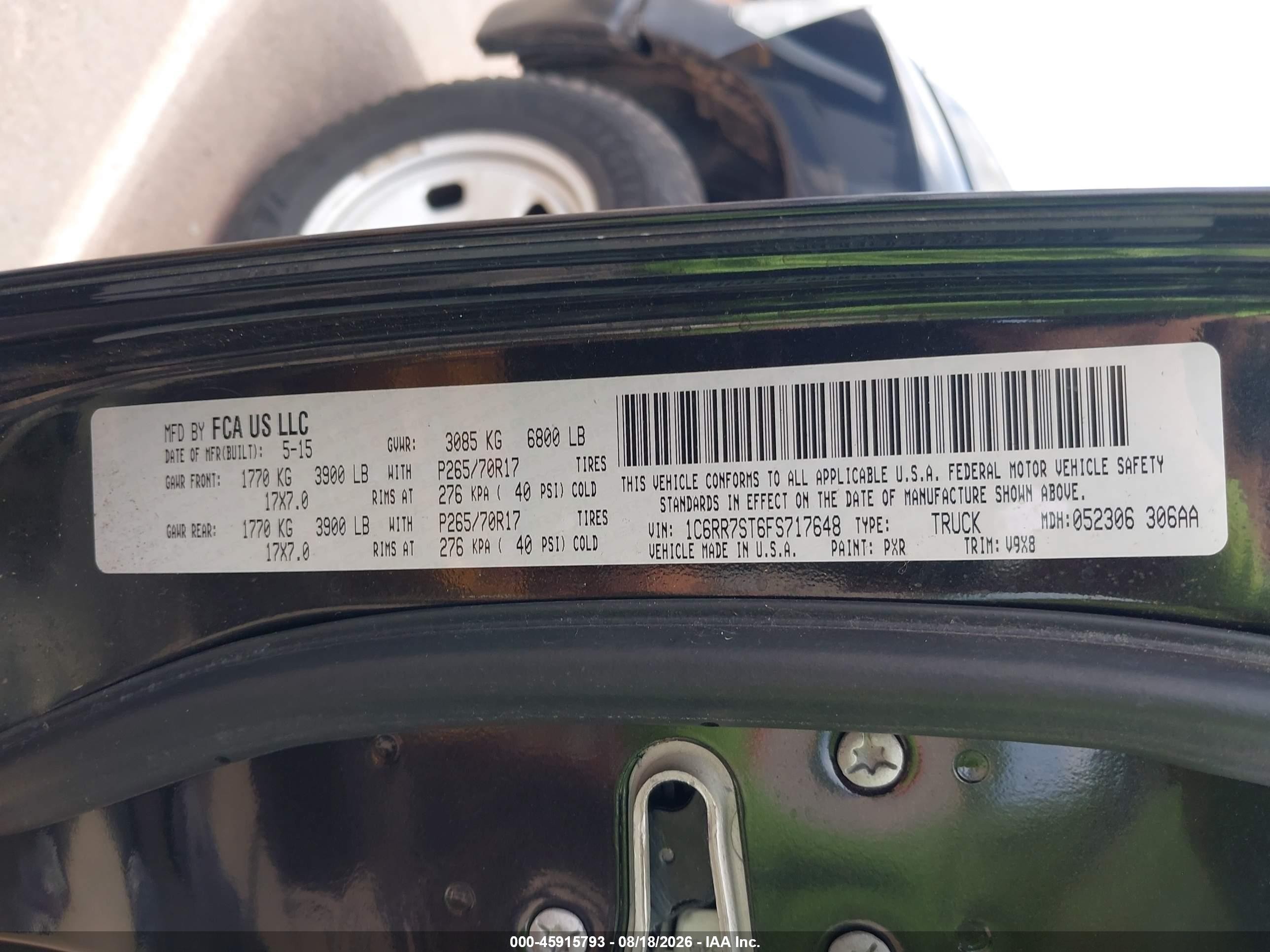 2015 Ram 1500 VIN 1C6RR7ST6FS717648 IAAI salvage auction — Front End, Salvage (Hawaii), sold $6,200 on 2026-10-08 (photo 9)
