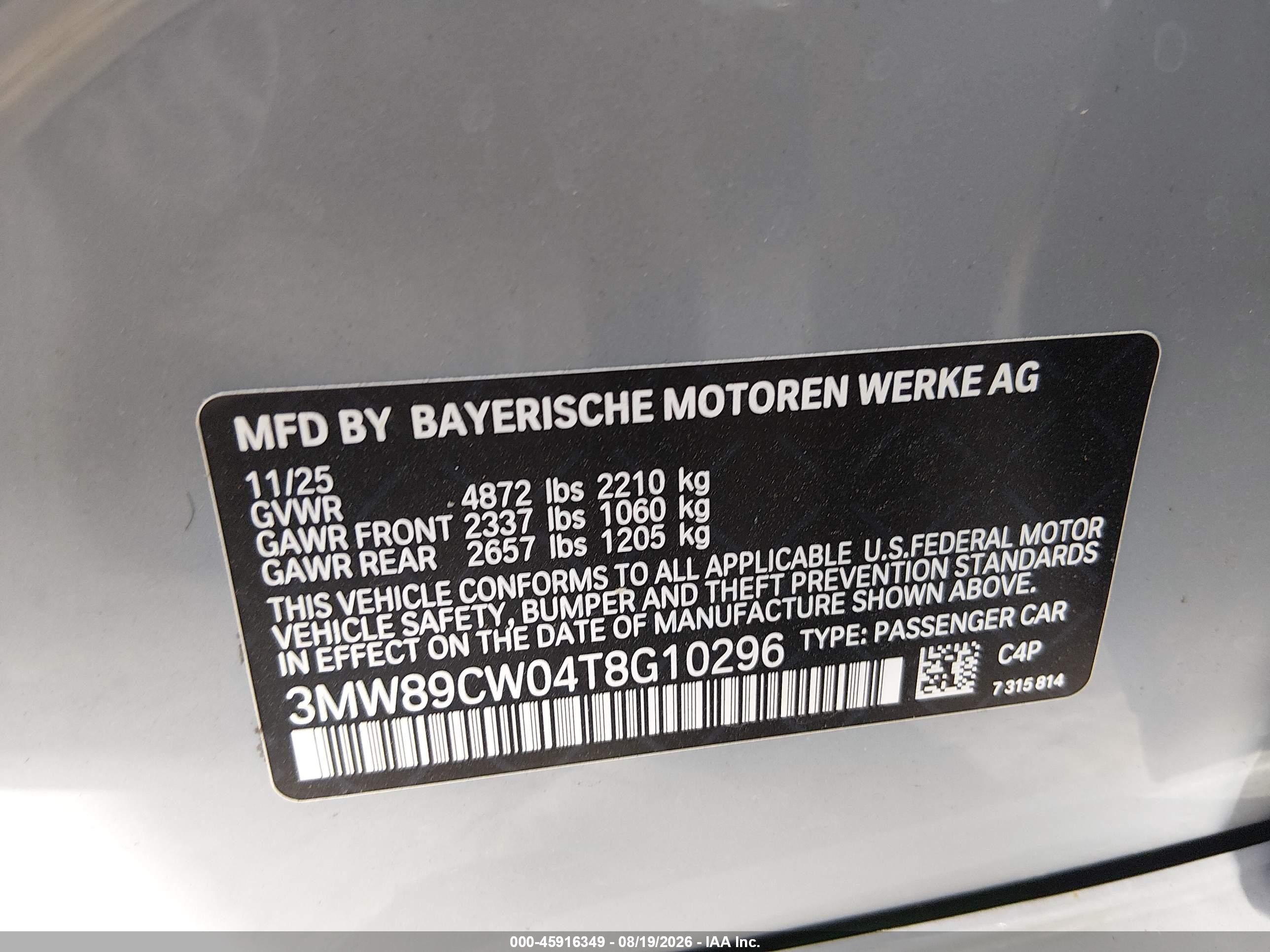 2026 BMW 3 Series VIN 3MW89CW04T8G10296 IAAI salvage auction — Side, Clear (Texas), sold $23,000 on 2026-09-12 (photo 9)