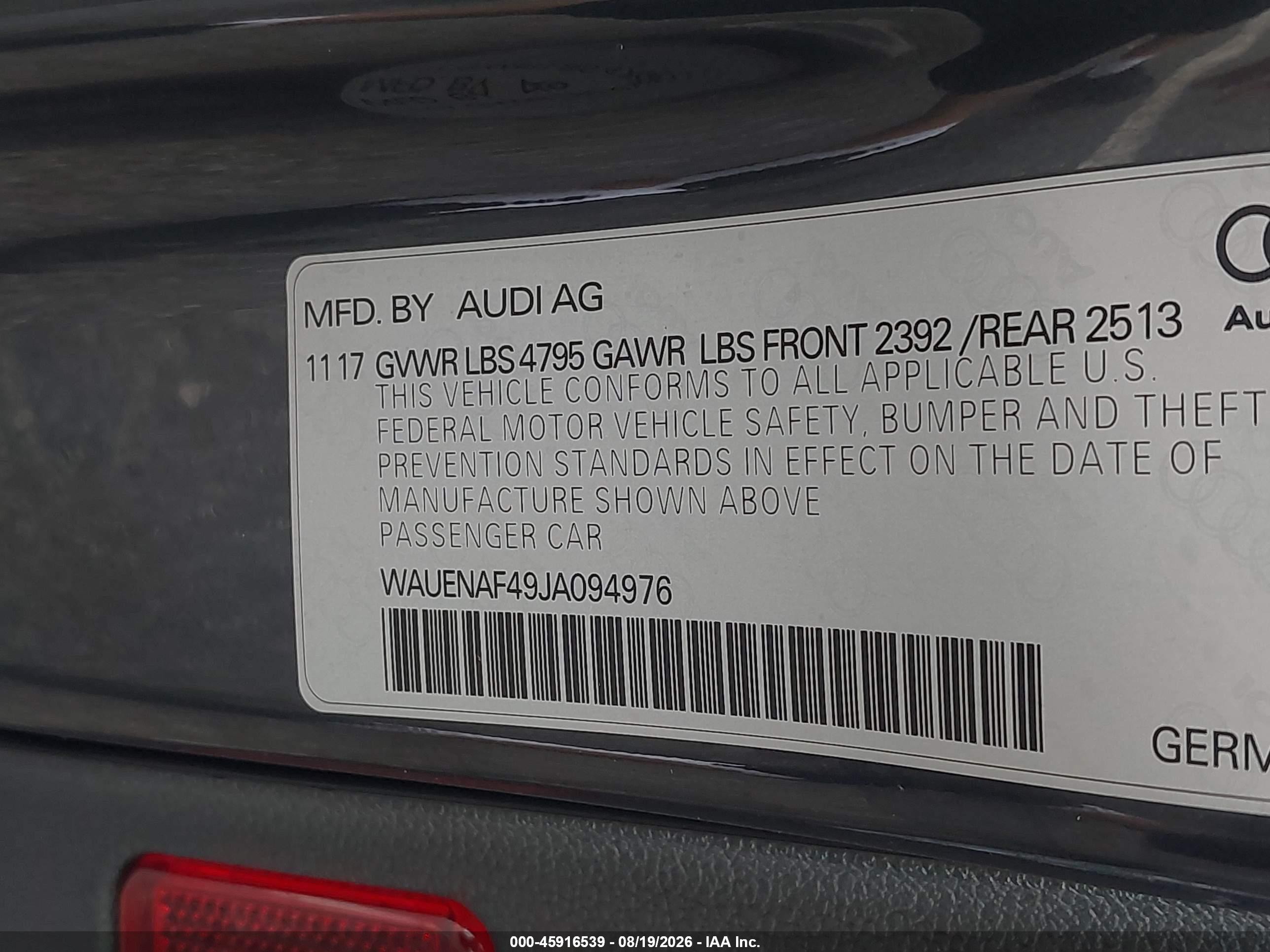 2018 Audi A4 VIN WAUENAF49JA094976 IAAI salvage auction — Front End, Clear (Indiana), sold $4,950 on 2026-09-13 (photo 9)