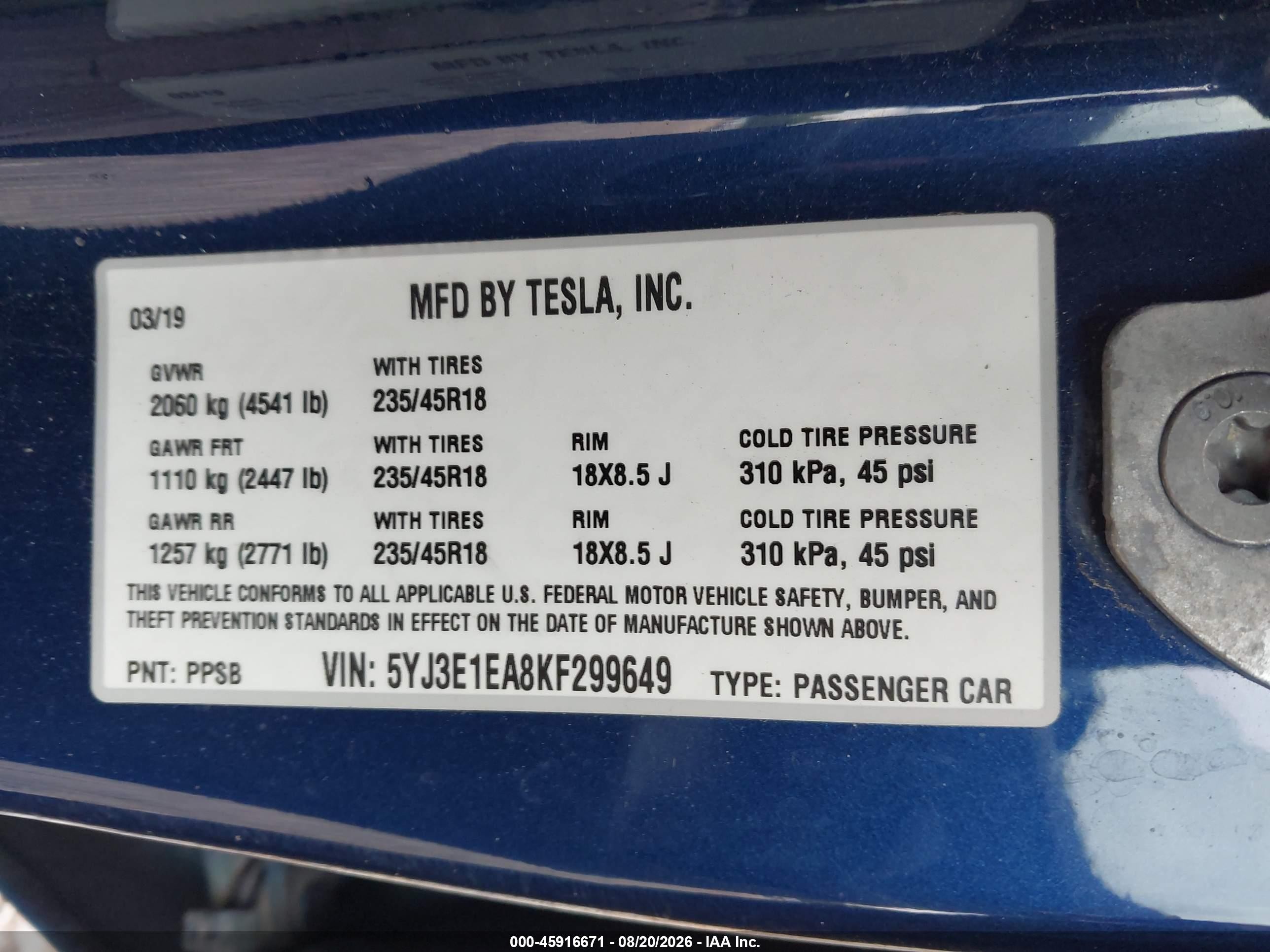 2019 Tesla Model 3 VIN 5YJ3E1EA8KF299649 IAAI salvage auction — Rear End, Salvage (Pennsylvania), sold $4,950 on 2026-10-09 (photo 9)