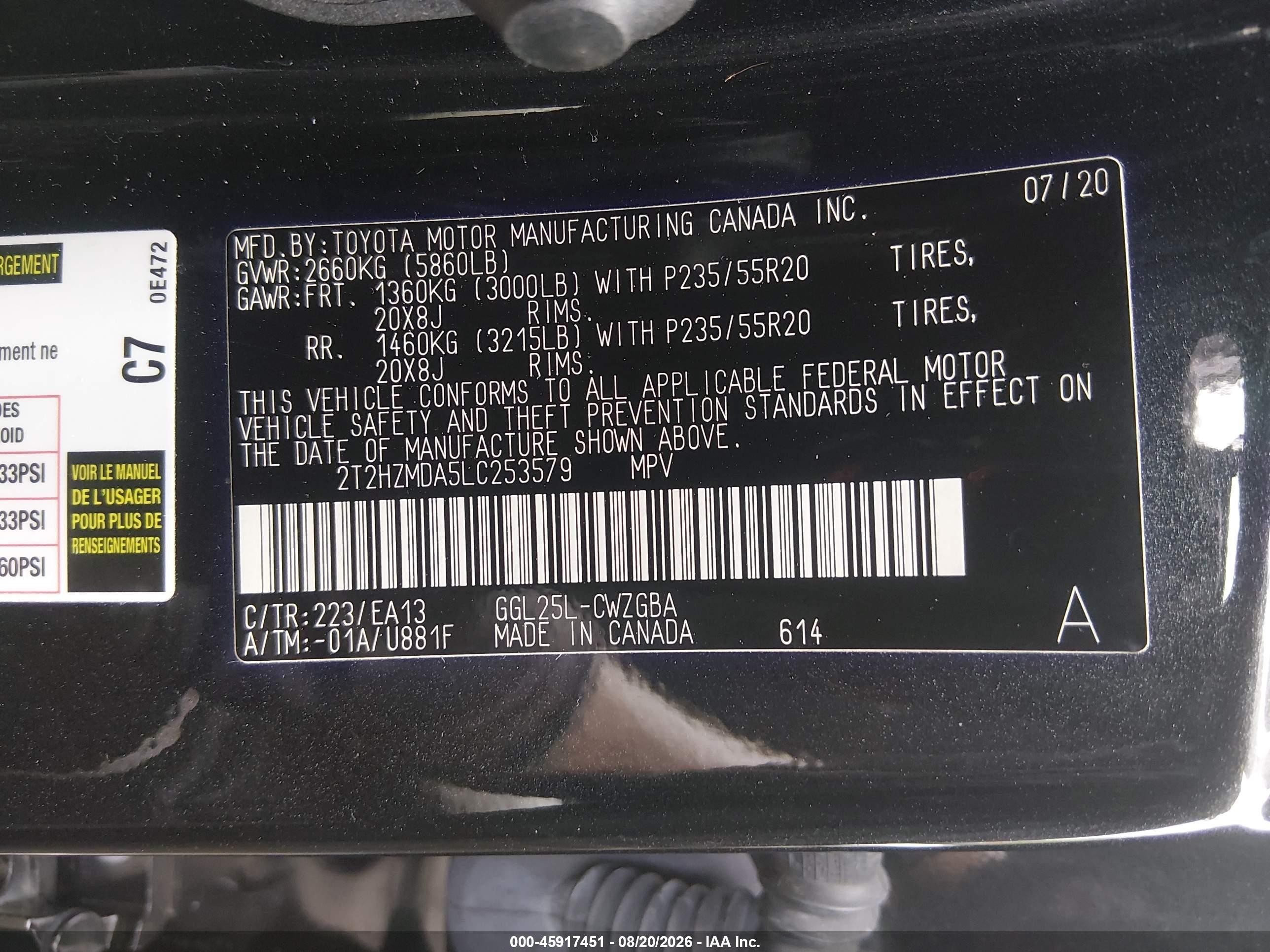 2020 Lexus RX 350 VIN 2T2HZMDA5LC253579 IAAI salvage auction — Front End, Salvage (New Jersey), sold $14,200 on 2026-09-10 (photo 9)