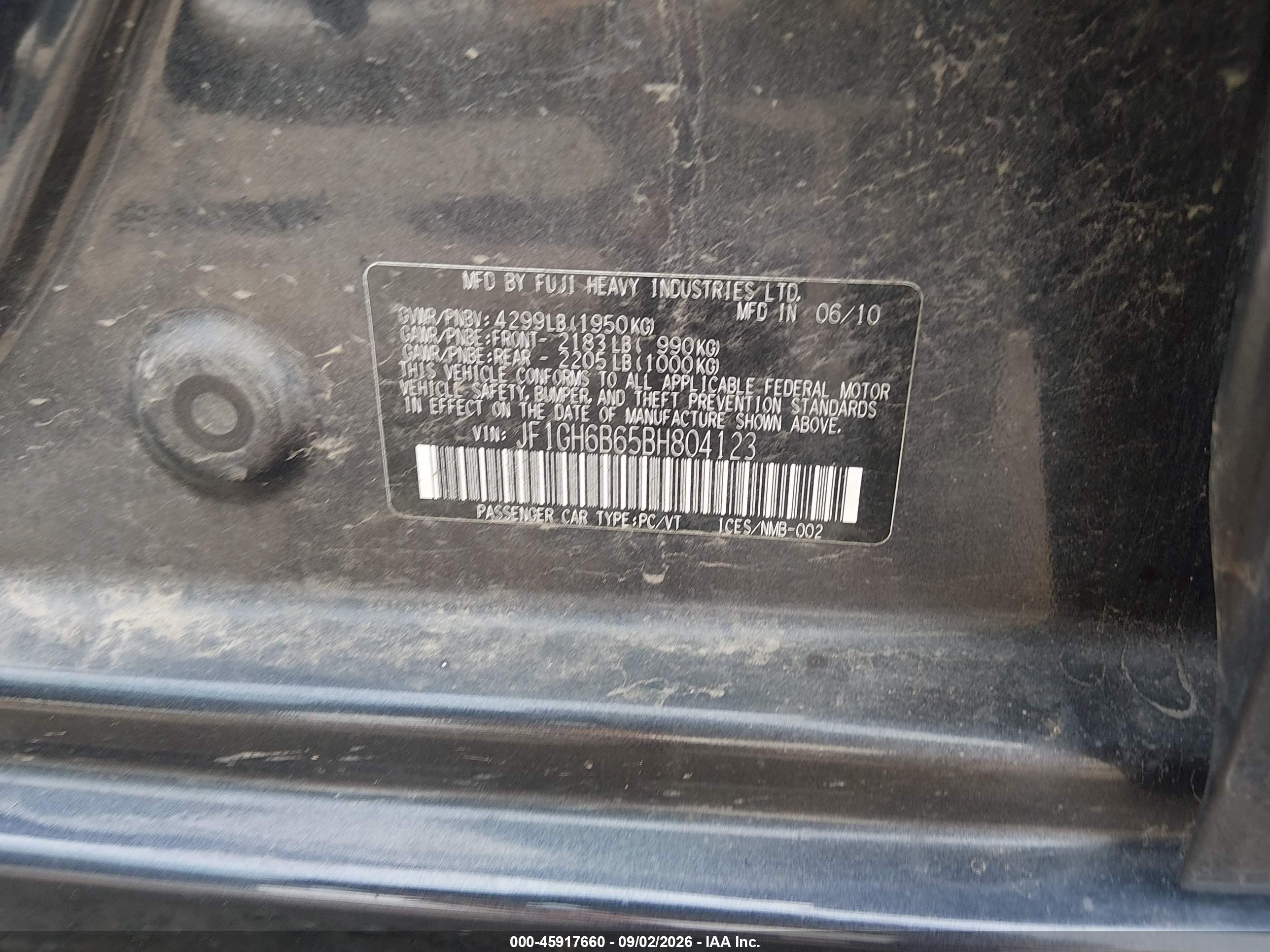 2011 Subaru Impreza VIN JF1GH6B65BH804123 IAAI salvage auction — Front End, Clear (Massachusetts), sold $300 on 2026-09-10 (photo 9)