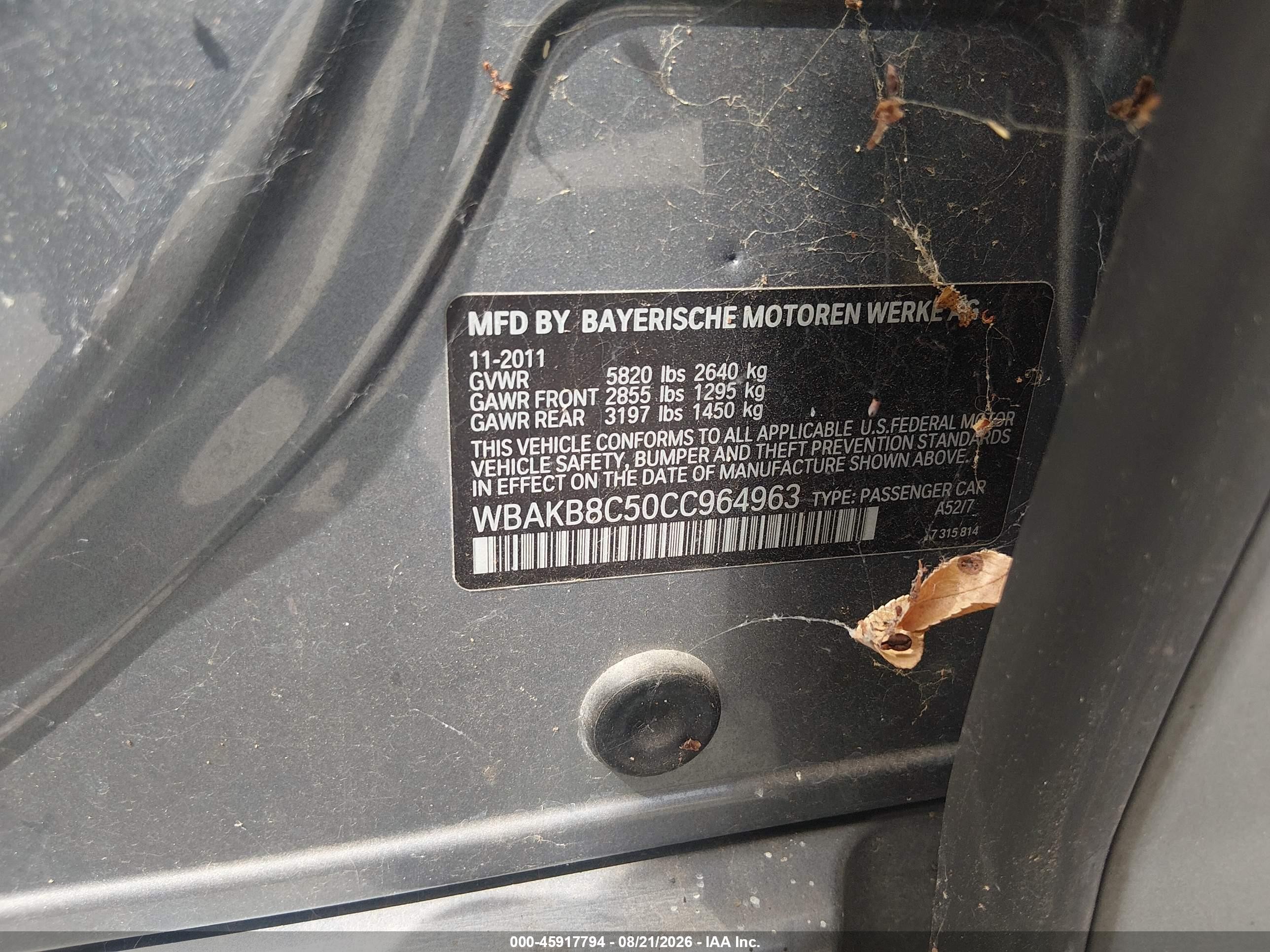2012 BMW 7er VIN WBAKB8C50CC964963 IAAI salvage auction — Normal Wear, Original (Texas), sold $1,500 on 2026-09-12 (photo 9)